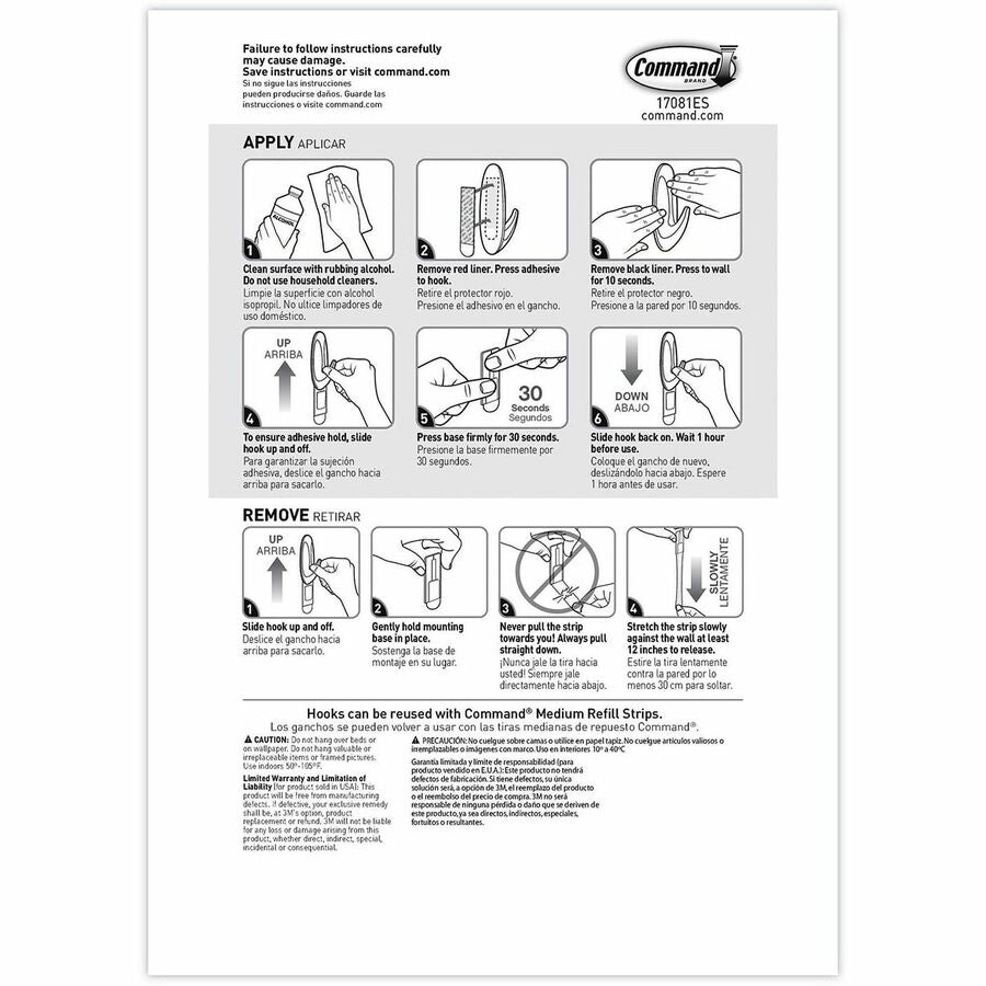 Command General Purpose Designer Hooks - 6 Hooks - 3 lb (1.36 kg) Capacity - Reusable - Adhesive - Medium - for Painted Surface, Wood, Tile, General Purpose - Plastic - White - 6 / Pack
