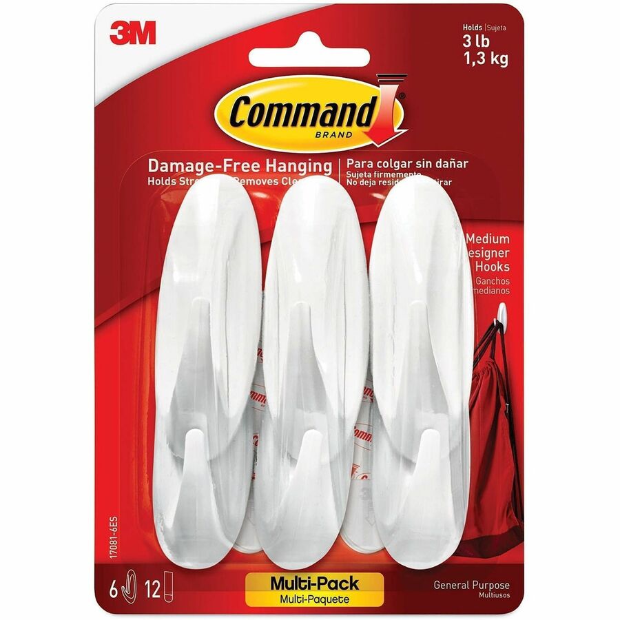 Command General Purpose Designer Hooks - 6 Hooks - 3 lb (1.36 kg) Capacity - Reusable - Adhesive - Medium - for Painted Surface, Wood, Tile, General Purpose - Plastic - White - 6 / Pack