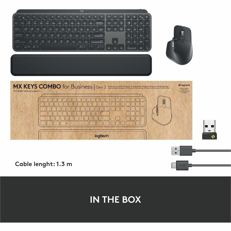 Logitech MX Keys Combo for Business Keyboard & Mouse - USB Wireless Bluetooth Keyboard - USB Wireless Bluetooth Mouse - Darkfield - 8000 dpi - 7 Button - Scroll Wheel - Right-handed - Compatible with PC, Mac - 1 Each