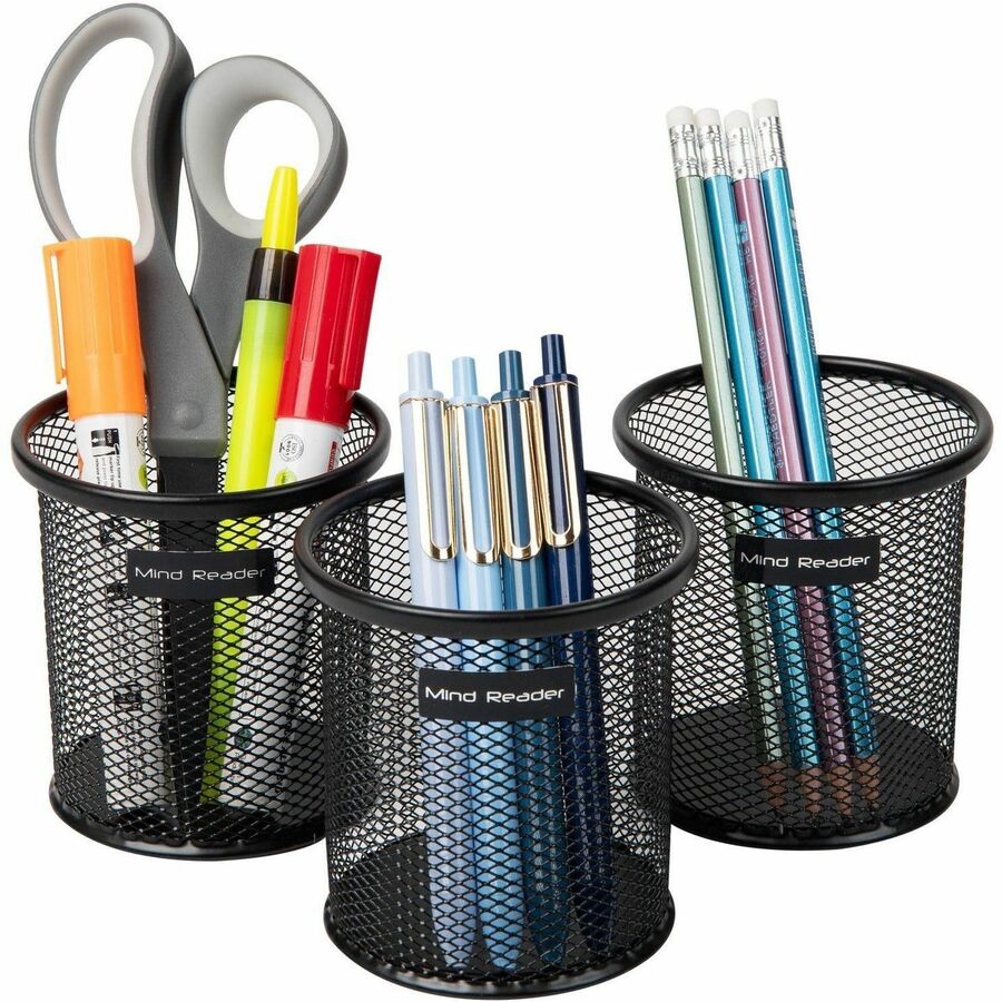 Mind Reader Multi-Purpose Desk Organizer Set - 3.8" Height x 3.5" Width - Metal Mesh - Black - Sturdy, Durable, Lightweight, Portable - 3 / Pack