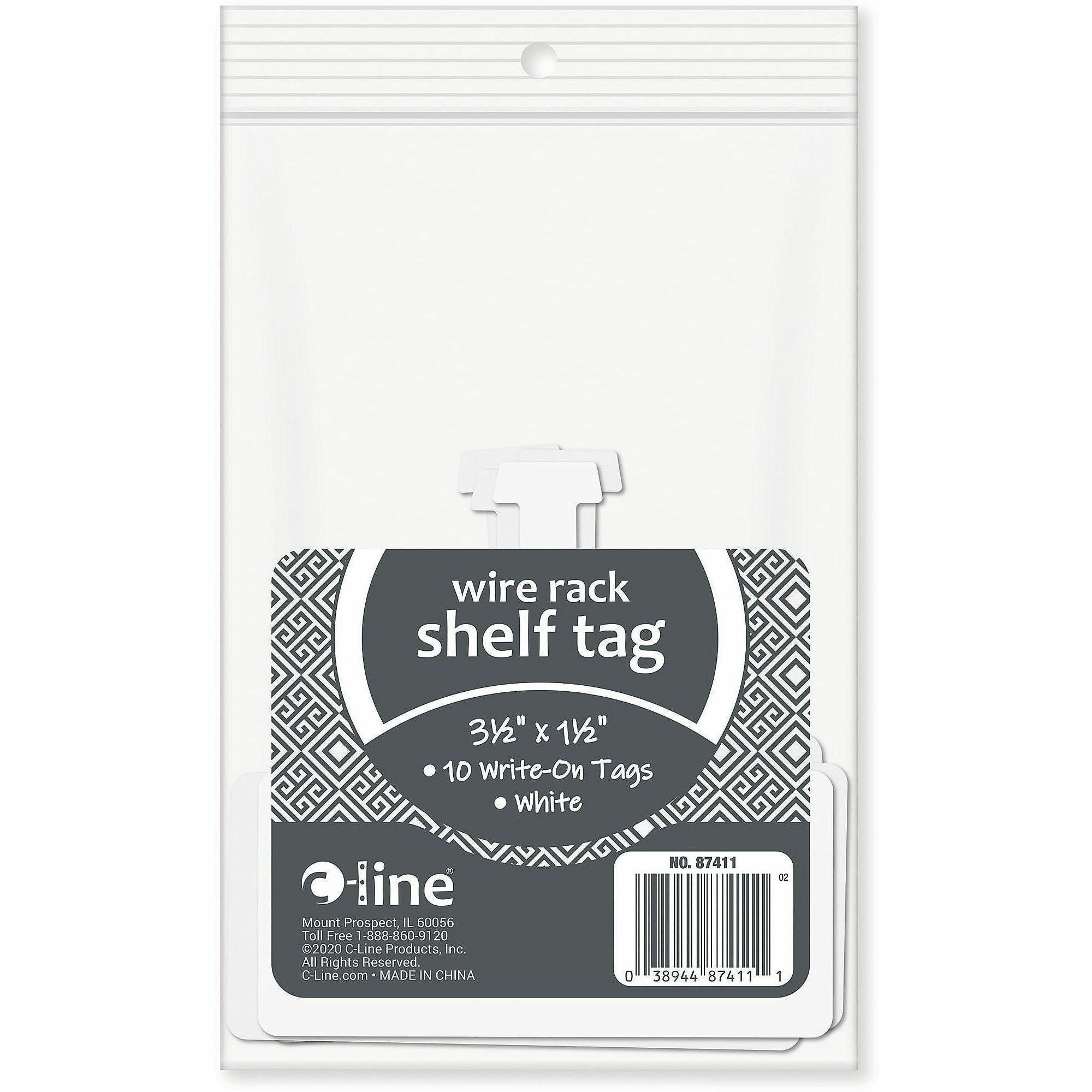 C-Line Wire Shelf Tags - 3.62" Length x 1.50" Width - Strap Fastener - Plastic - White - 10 / Pack