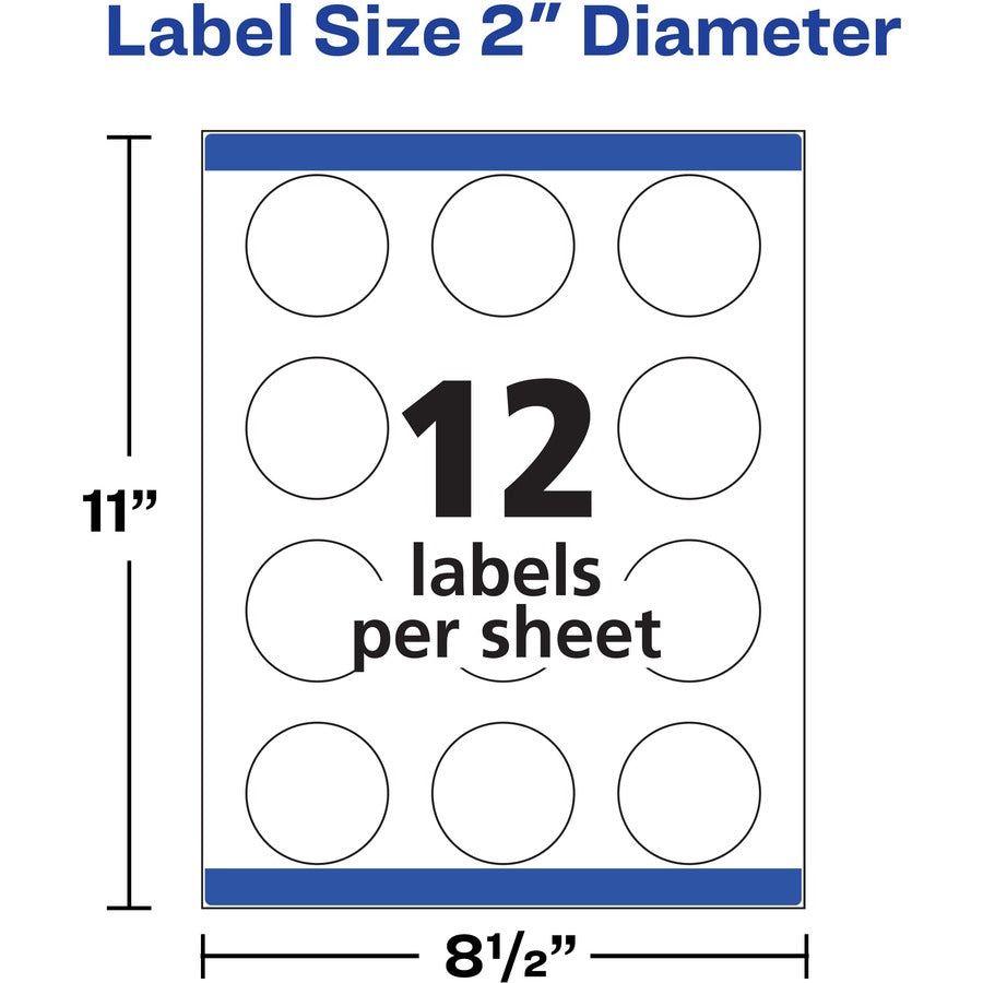 Avery&reg; Easy Peel Multipurpose Label - 2" Diameter - Permanent Adhesive - Round - Inkjet, Laser - Matte White - Print-to-the Edge, Pop Up Edge, Easy Peel, Smudge-free, Customizable, Jam-free - 12 / Sheet - 10 Total Sheets - 120 Total Label(s) - 120 ...