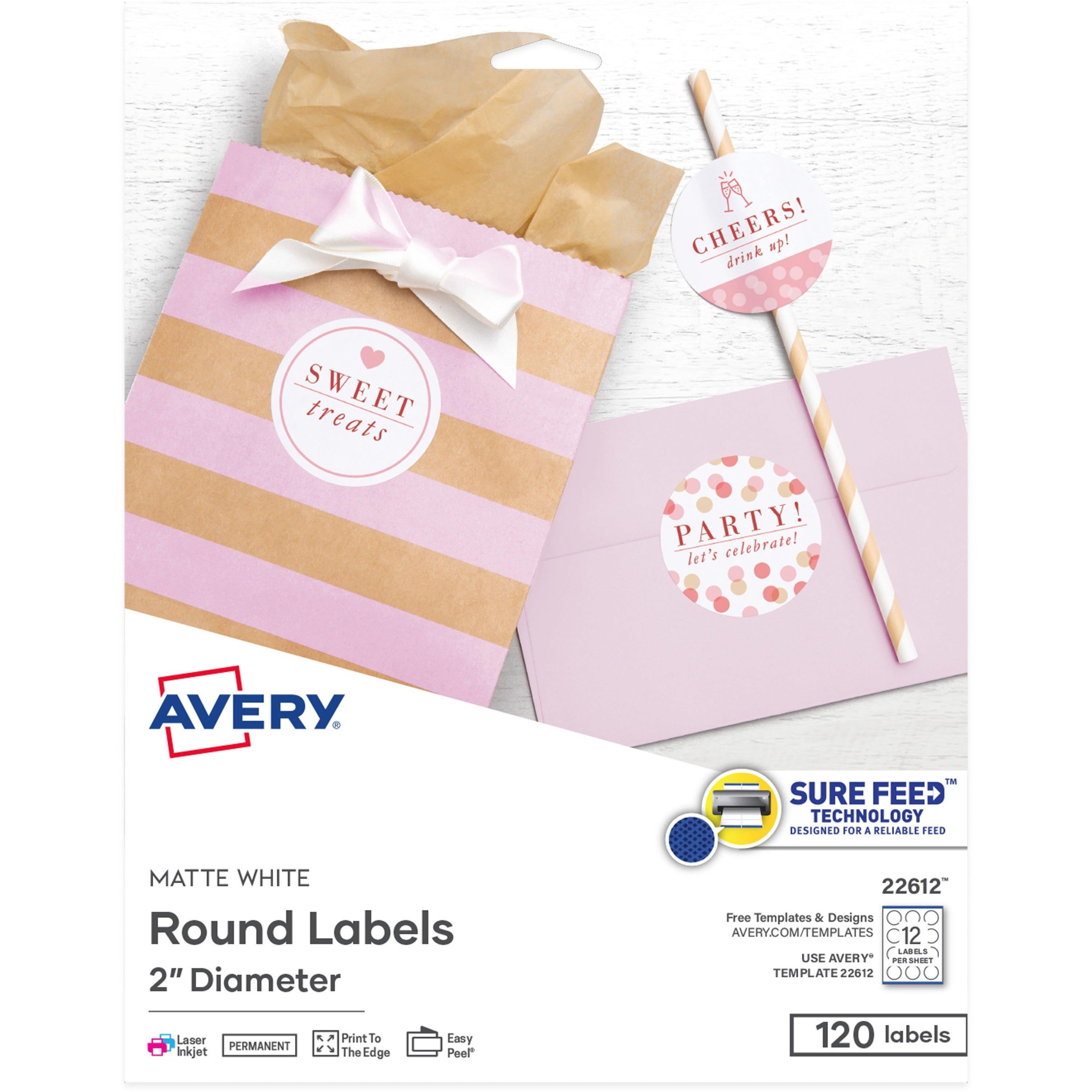 Avery&reg; Easy Peel Multipurpose Label - 2" Diameter - Permanent Adhesive - Round - Inkjet, Laser - Matte White - Print-to-the Edge, Pop Up Edge, Easy Peel, Smudge-free, Customizable, Jam-free - 12 / Sheet - 10 Total Sheets - 120 Total Label(s) - 120 ...