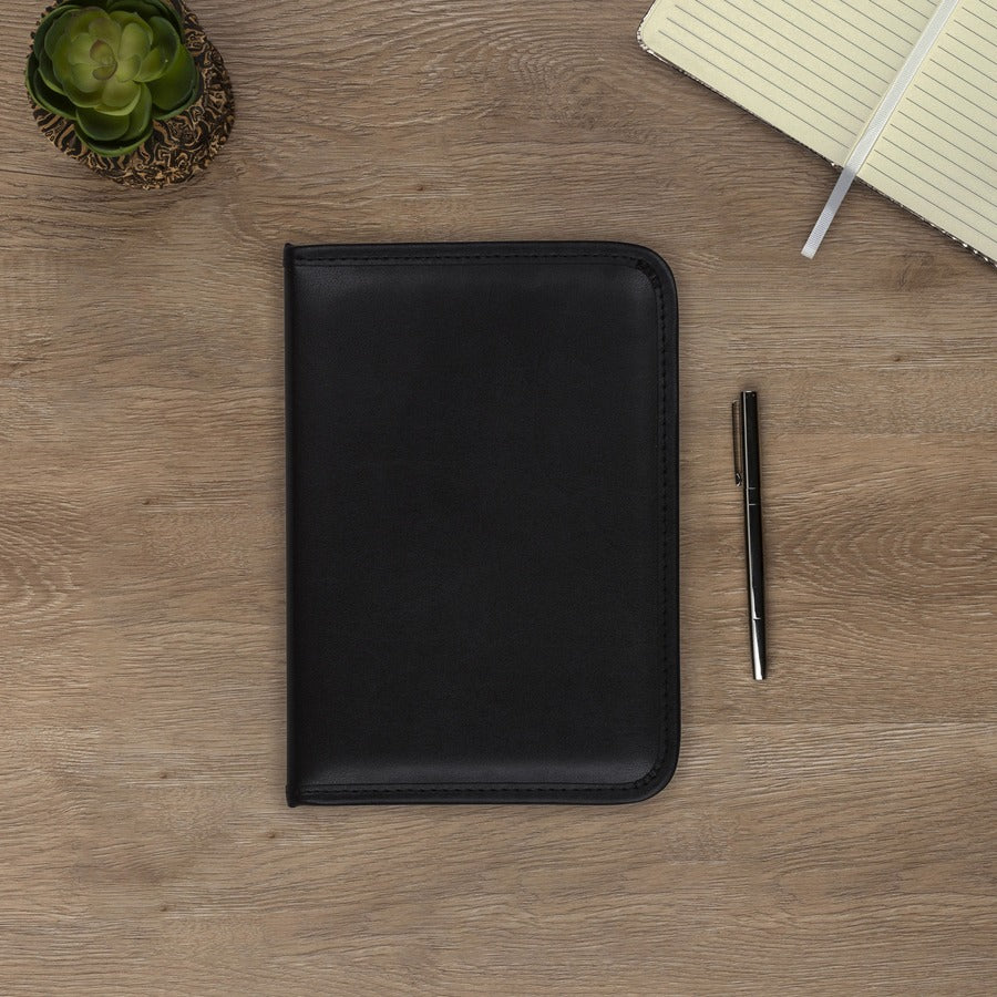 Samsill Letter Pad Folio - 8" x 5" - 4 Internal Pocket(s) - Synthetic Leather, Polyvinyl Chloride (PVC) - Black - Padded, Stitched, Pen Loop, Notepad, Document Pocket, Business Card Holder, Refillable - 0% Recycled - 1 Each