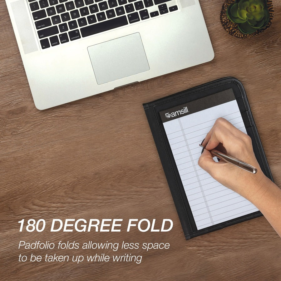 Samsill Letter Pad Folio - 8" x 5" - 4 Internal Pocket(s) - Synthetic Leather, Polyvinyl Chloride (PVC) - Black - Padded, Stitched, Pen Loop, Notepad, Document Pocket, Business Card Holder, Refillable - 0% Recycled - 1 Each