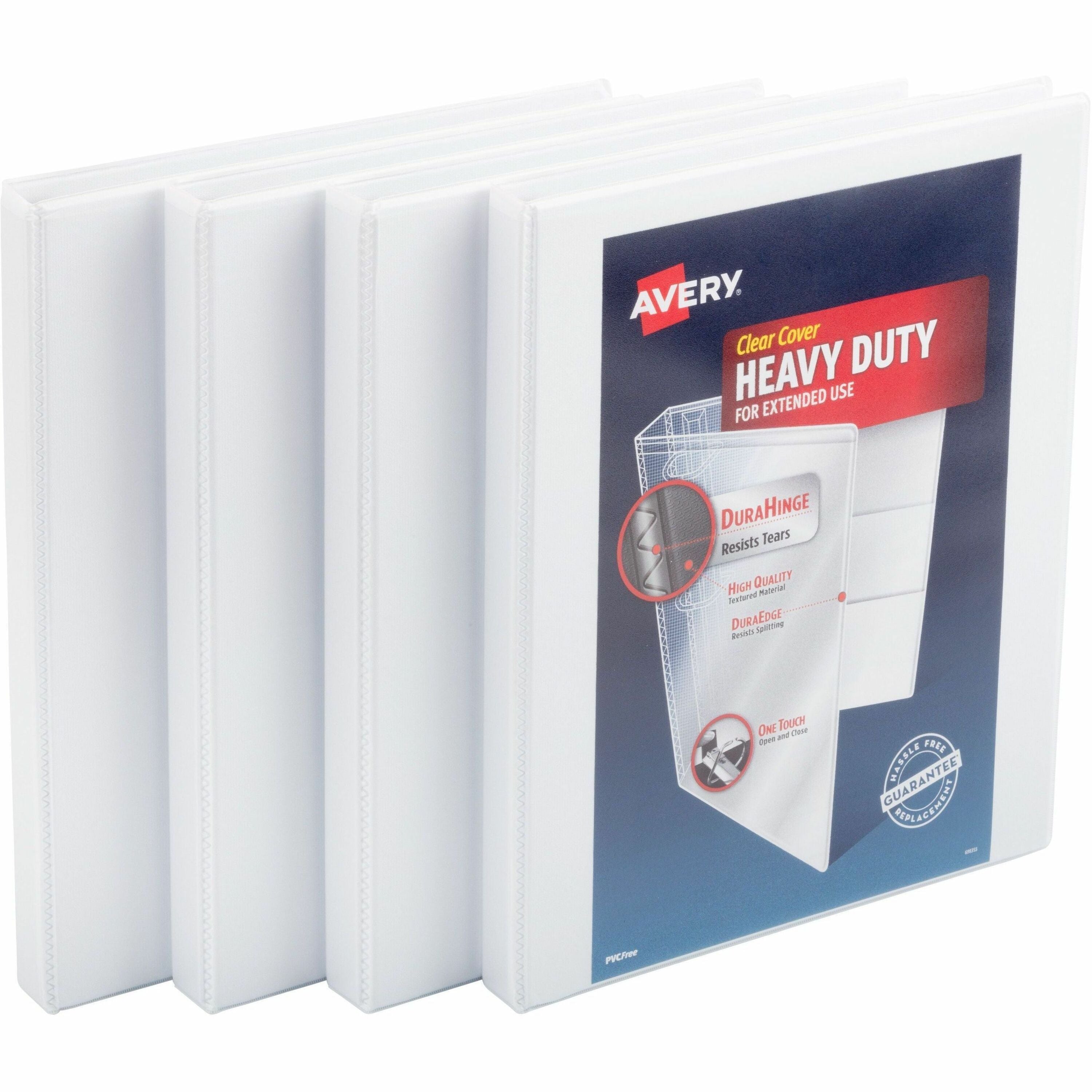 Avery&reg; Heavy-Duty View 3 Ring Binders, 0.5" One Touch Slant Rings, 4 White Binders (79709) - 1/2" Binder Capacity - Letter - 8 1/2" x 11" Sheet Size - 135 Sheet Capacity - 135 Ring(s) - Fastener(s): Slant Ring - Pocket(s): 4 - Polypropylene - White...