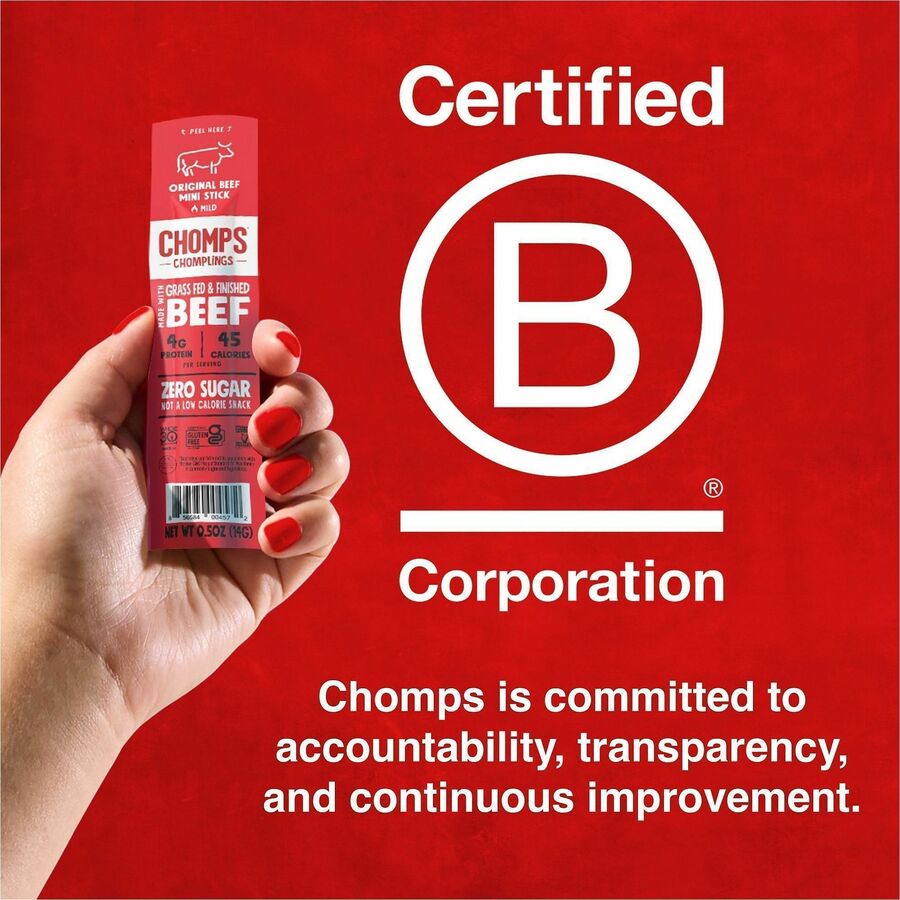 CHOMPS Original Beef Chomplings Snack Sticks - Gluten-free, No Added Harmones - Original Beef Jerky, Spicy - 0.50 oz - 24 / Pack