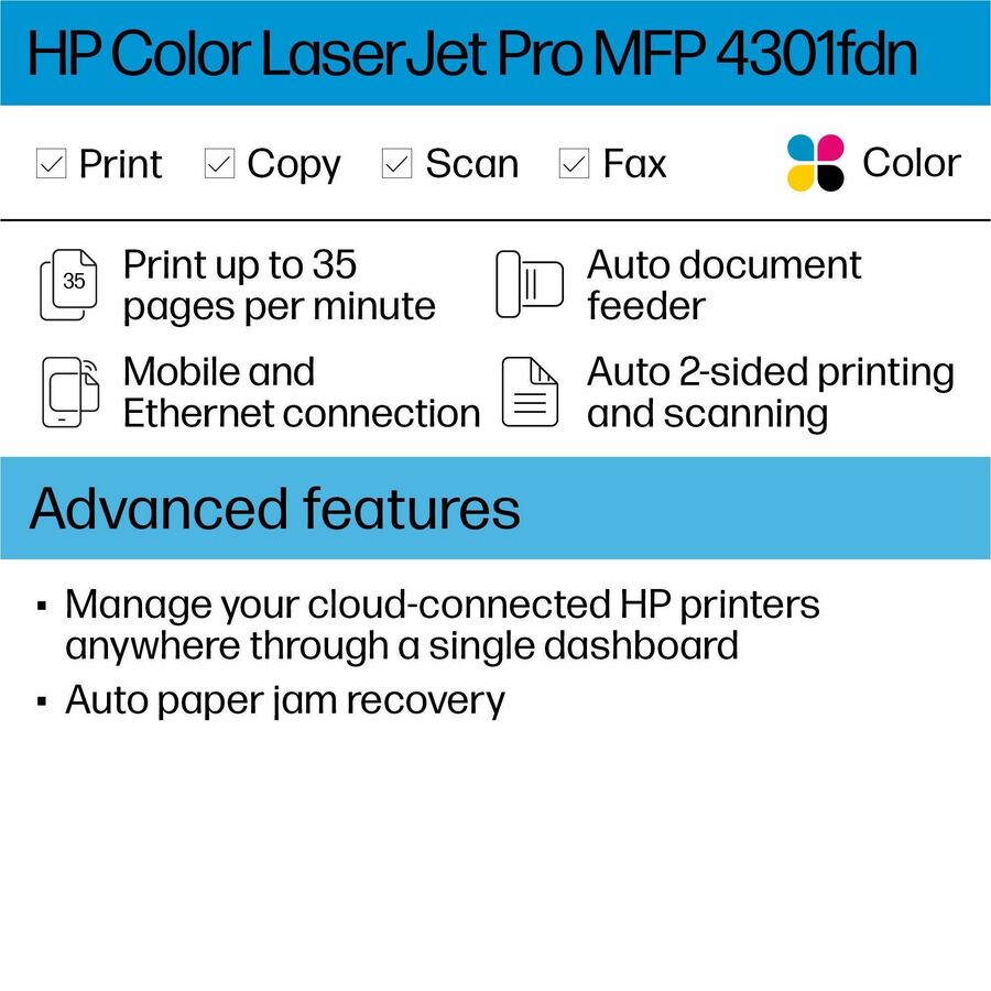 HP 4301fdn Laser Multifunction Printer - Color - White - Copier/Fax/Printer/Scanner - 35 ppm Color Print - 600 x 600 dpi Print - Automatic Duplex Print - Flatbed/ADF Scanner - For Plain Paper Print - 1 Each