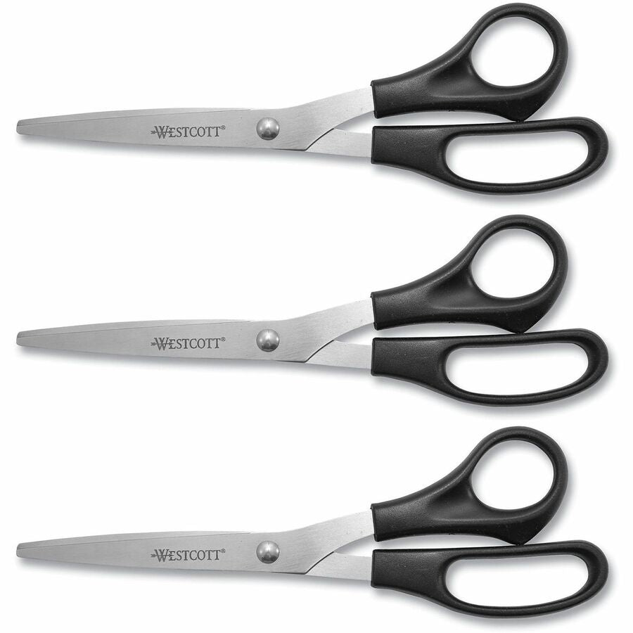 Westcott 8" Straight All-purpose Value Scissors - 3.50" Cutting Length - 8" Overall Length - Straight-left/right - Stainless Steel - Pointed Tip - Black, Stainless Steel - 3 / Pack