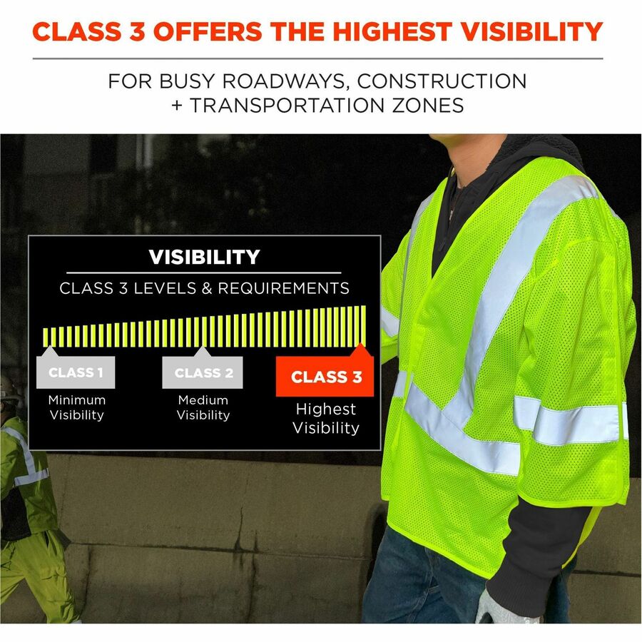 Ergodyne GloWear 8315BA Mesh Hi-Vis Safety Vests - Recommended for: Construction, Transportation - Large/Extra Large - Hook & Loop Closure - Polyester Mesh - Lime - Reflective Strap, Interior Pocket, Cell Phone Pocket, Machine Washable, Lightweight, Hi...