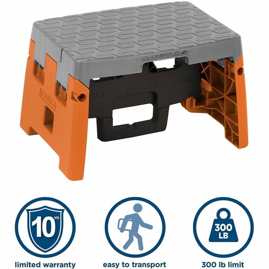 Cosco 1-Step Molded Folding Step Stool - 1 Step - 300 lb Load Capacity - Type IA - Gray, Orange