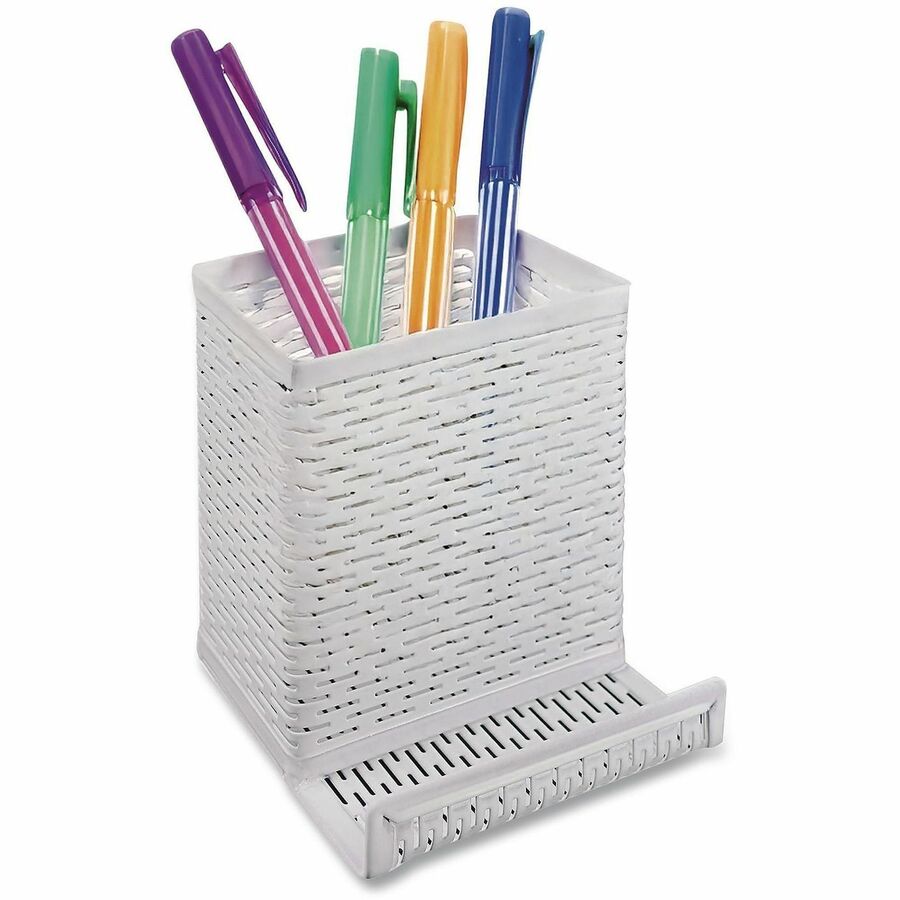 Artistic Urban Collec. Pencil Cup With Phone Stand - 4" Height x 3.5" Width x 3.5" Depth - Metal, Steel - White - Punched Hole, Heavy Duty, Reinforced, Strong, Durable, Rounded Edges - 1 / Each