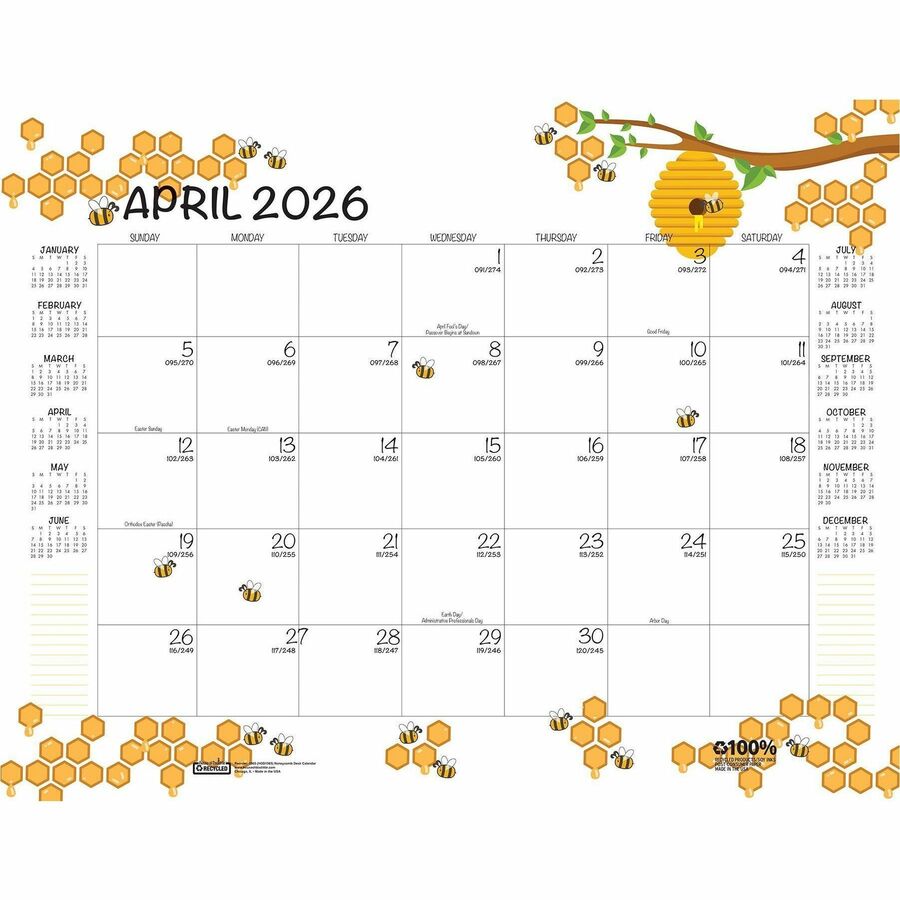 House of Doolittle Recycled Monthly Desk Pad Academic Calendar Honeycomb 22 x 17 Inches - Academic - Julian Dates - Monthly - 12 Month - August 2025 to July 2026 - 22" x 17" Sheet Size - Multicolor/White Sheet - 2.38" x 2.50" Block - Glue Top - Desk Pa...