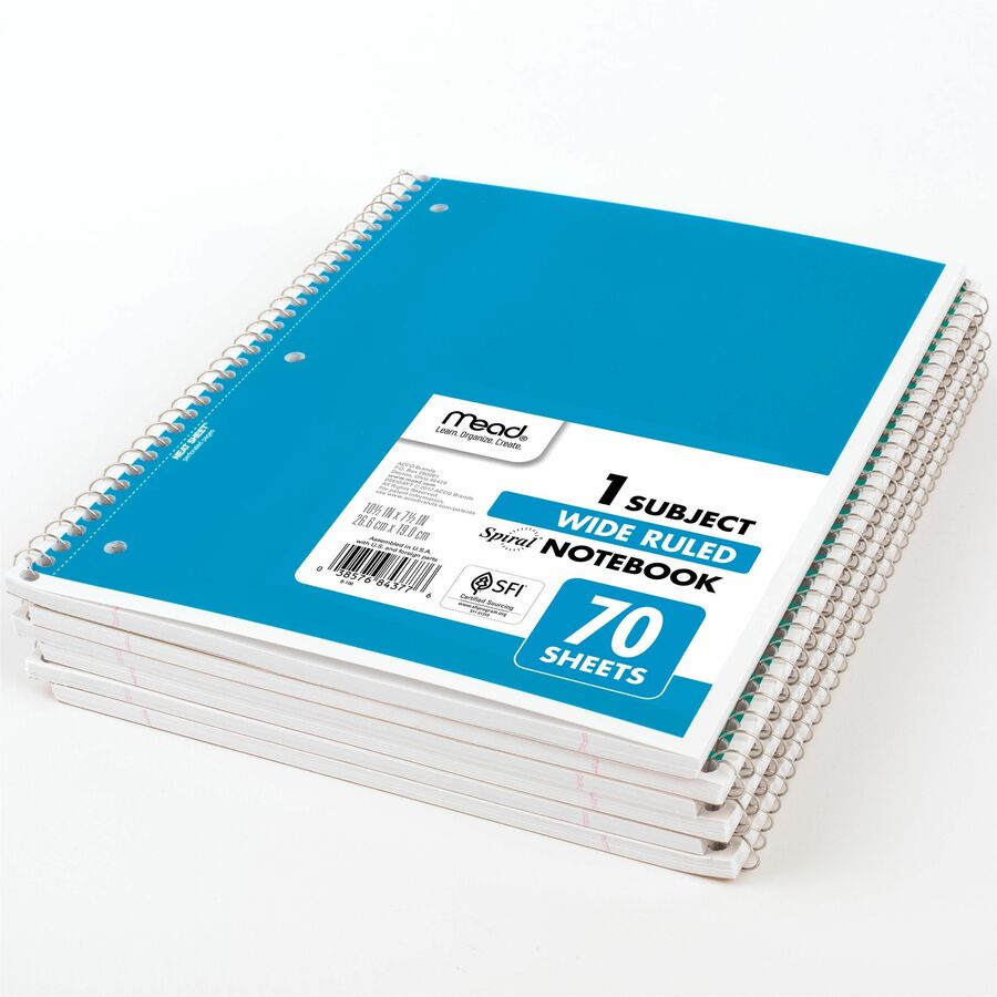 Mead Notebook - 1 Subject(s) - 70 Sheets - 70 Pages - Wire Bound - Wide Ruled, Legal Ruled Front Ruling - 3 Hole(s) - 20 lb Basis Weight - 7 1/2" x 10 1/2" Sheet Size - 10.50" Height x 8.3" Width x 0.5" Depth - Black, Blue, Green, Purple, Red, Yellow C...