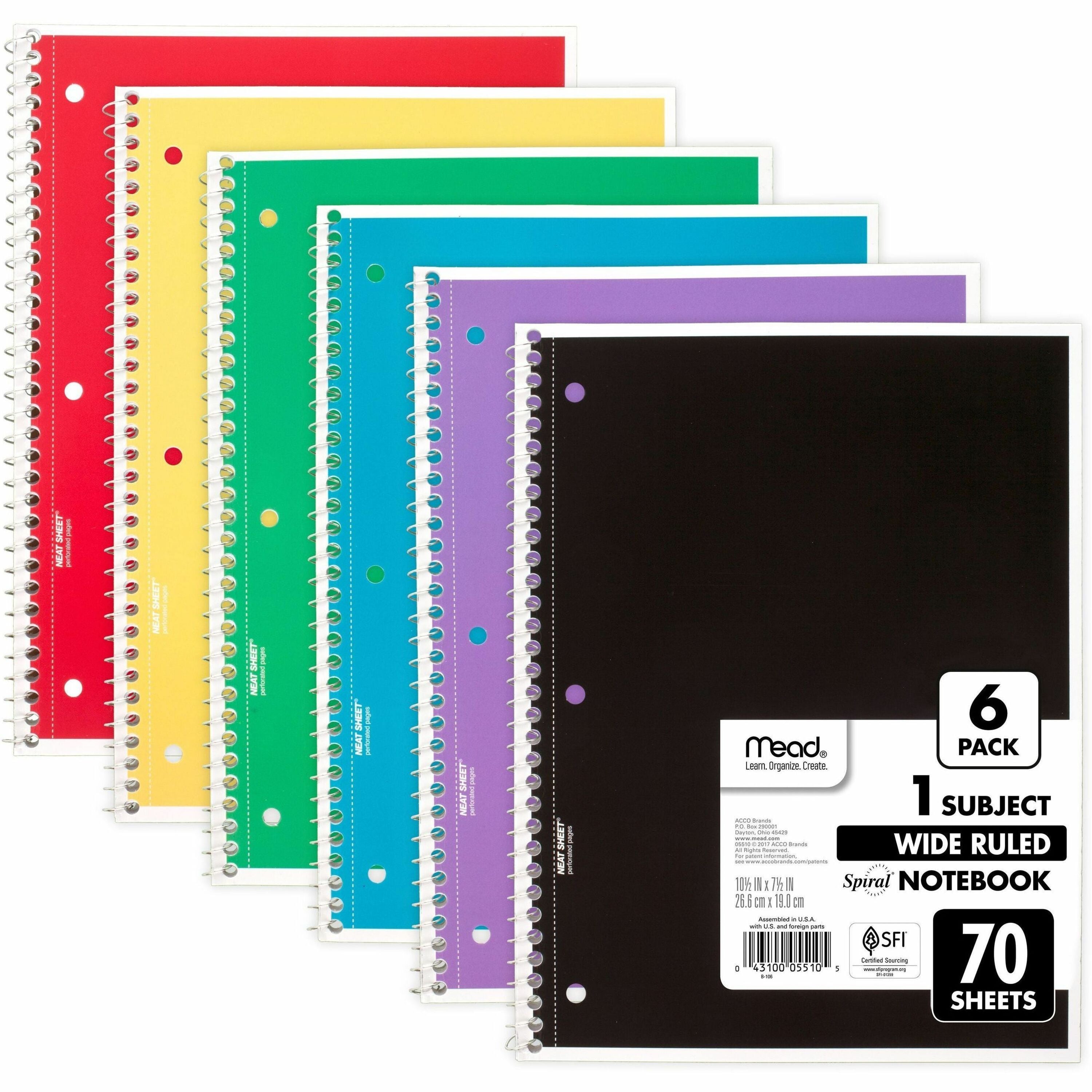 Mead Notebook - 1 Subject(s) - 70 Sheets - 70 Pages - Wire Bound - Wide Ruled, Legal Ruled Front Ruling - 3 Hole(s) - 20 lb Basis Weight - 7 1/2" x 10 1/2" Sheet Size - 10.50" Height x 8.3" Width x 0.5" Depth - Black, Blue, Green, Purple, Red, Yellow C...