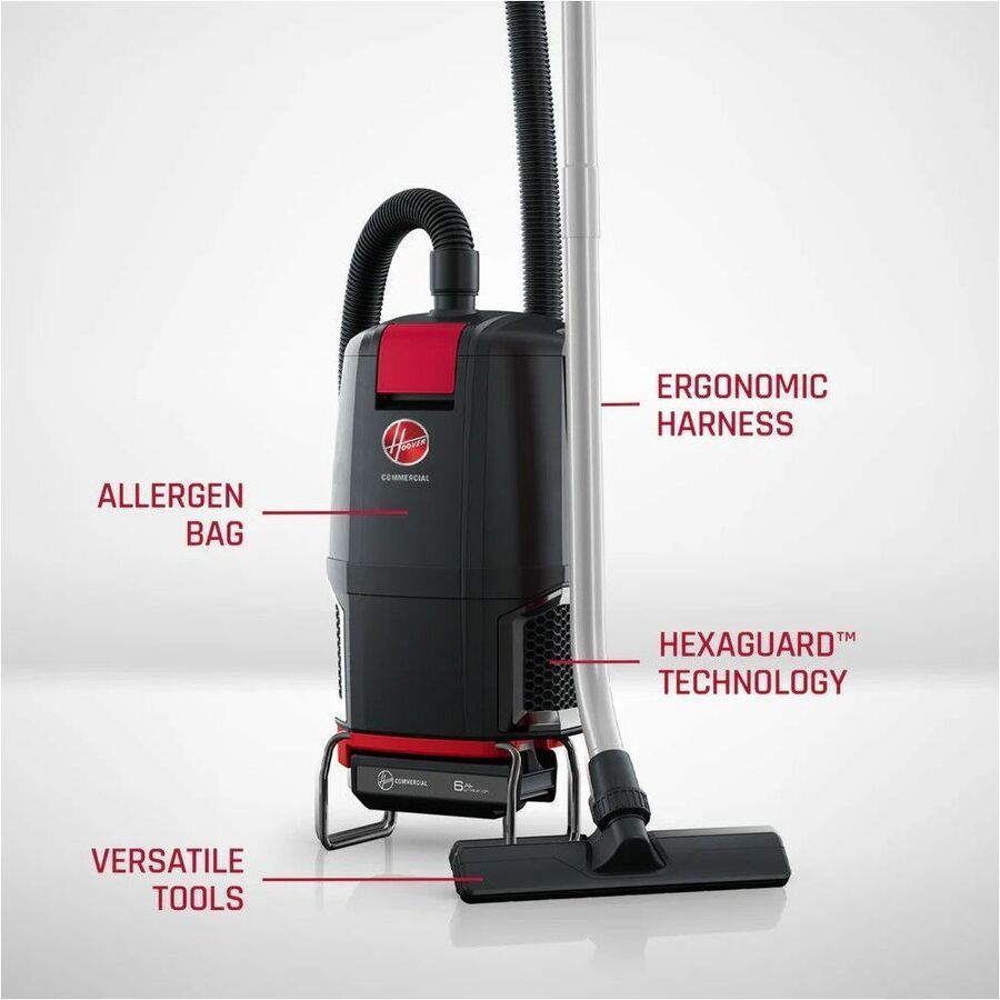 Hoover Commercial  40V  Brushless  Backpack  Tool  Only - 450 W Motor - Bagged - Hose, Wand - 5 ft Hose Length - HEPA - 607.4 gal/min - DC Supply - Battery Rechargeable - 40 V DC - 12.50 A - 450 W Rated Input Power - 71 dB(A) Noise Level - Black