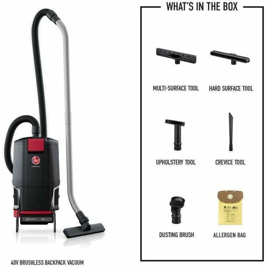 Hoover Commercial  40V  Brushless  Backpack  Tool  Only - 450 W Motor - Bagged - Hose, Wand - 5 ft Hose Length - HEPA - 607.4 gal/min - DC Supply - Battery Rechargeable - 40 V DC - 12.50 A - 450 W Rated Input Power - 71 dB(A) Noise Level - Black
