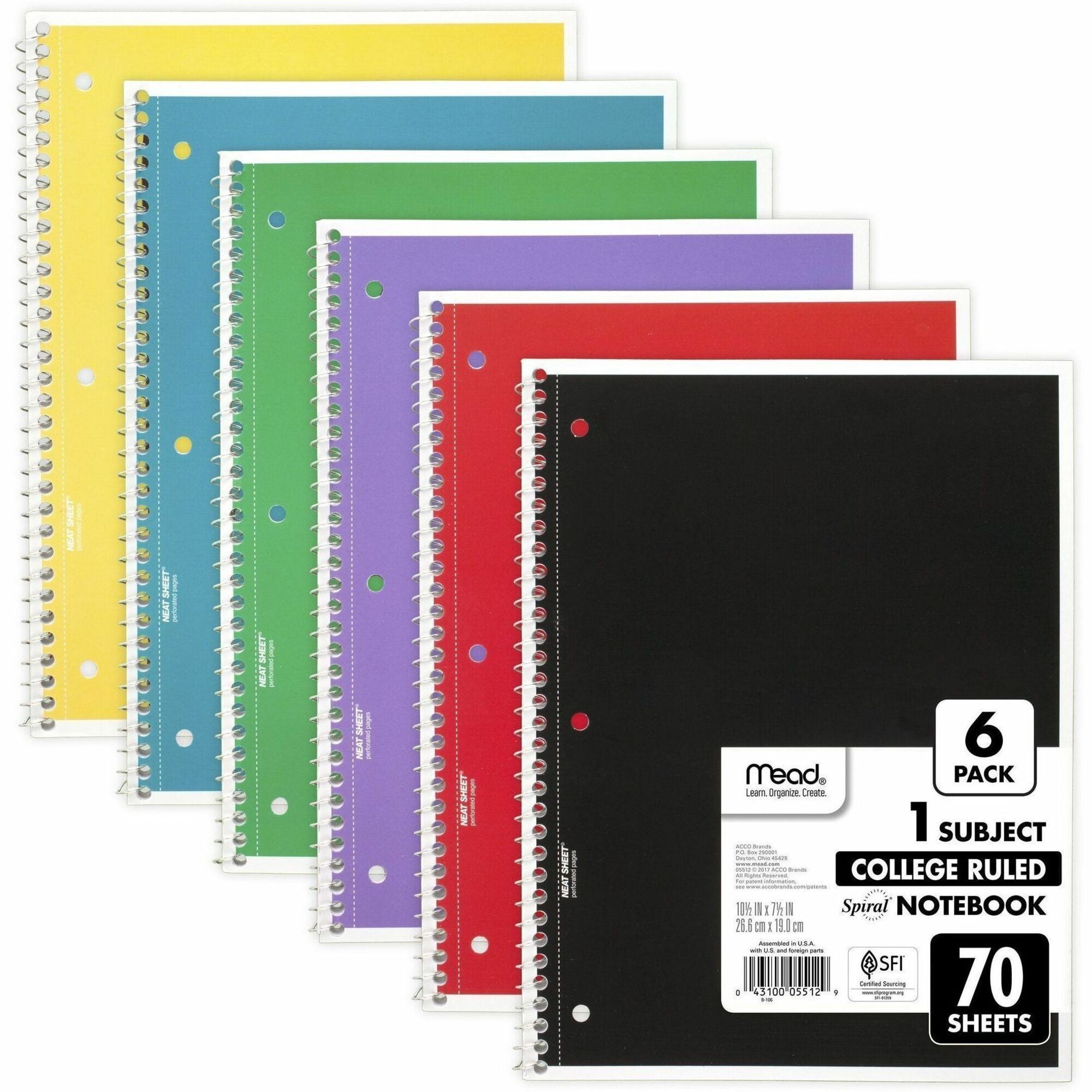 Mead Notebook - 1 Subject(s) - 70 Sheets - 70 Pages - Wire Bound - 3 Hole(s) - 7 1/2" x 10 1/2" Sheet Size - 10.50" Height x 8.3" Width x 0.5" Depth - Black, Blue, Green, Purple, Red, Yellow Cover - Opaque, Double Sided Sheet, Perforated, Easy Tear, Du...