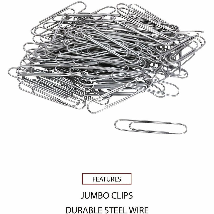 Universal Paper Clip - Jumbo - 1.9" Length x 0.5" Width - for Office, School, Home, Paper, Sheet, Document - Durable, Smooth - Silver - Steel Wire - 100 Clips/Box - 1000 / Pack