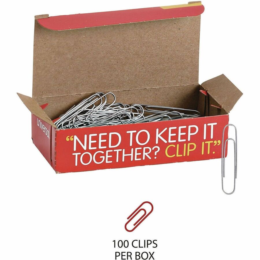 Universal Paper Clip - Jumbo - 1.9" Length x 0.5" Width - for Office, School, Home, Paper, Sheet, Document - Durable, Smooth - Silver - Steel Wire - 100 Clips/Box - 1000 / Pack