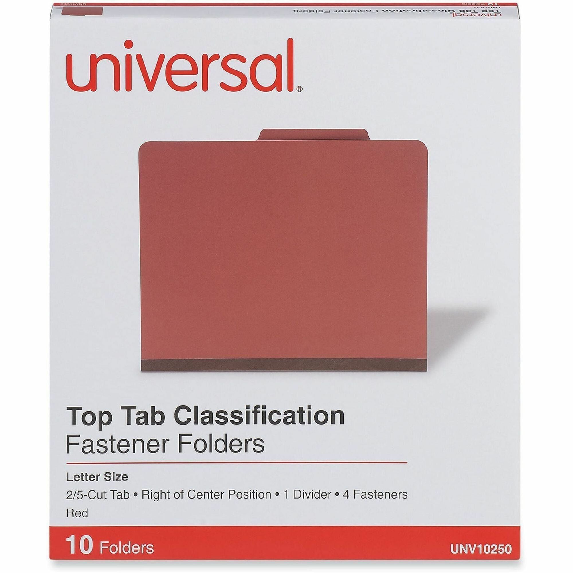 Universal 2/5 Tab Cut Letter Classification Folder - 2" Expansion - 4 Fastener(s) - 2" Fastener Capacity - Top Tab Location - Right of Center Tab Position - 1 Divider(s) - Red - 10 / Box