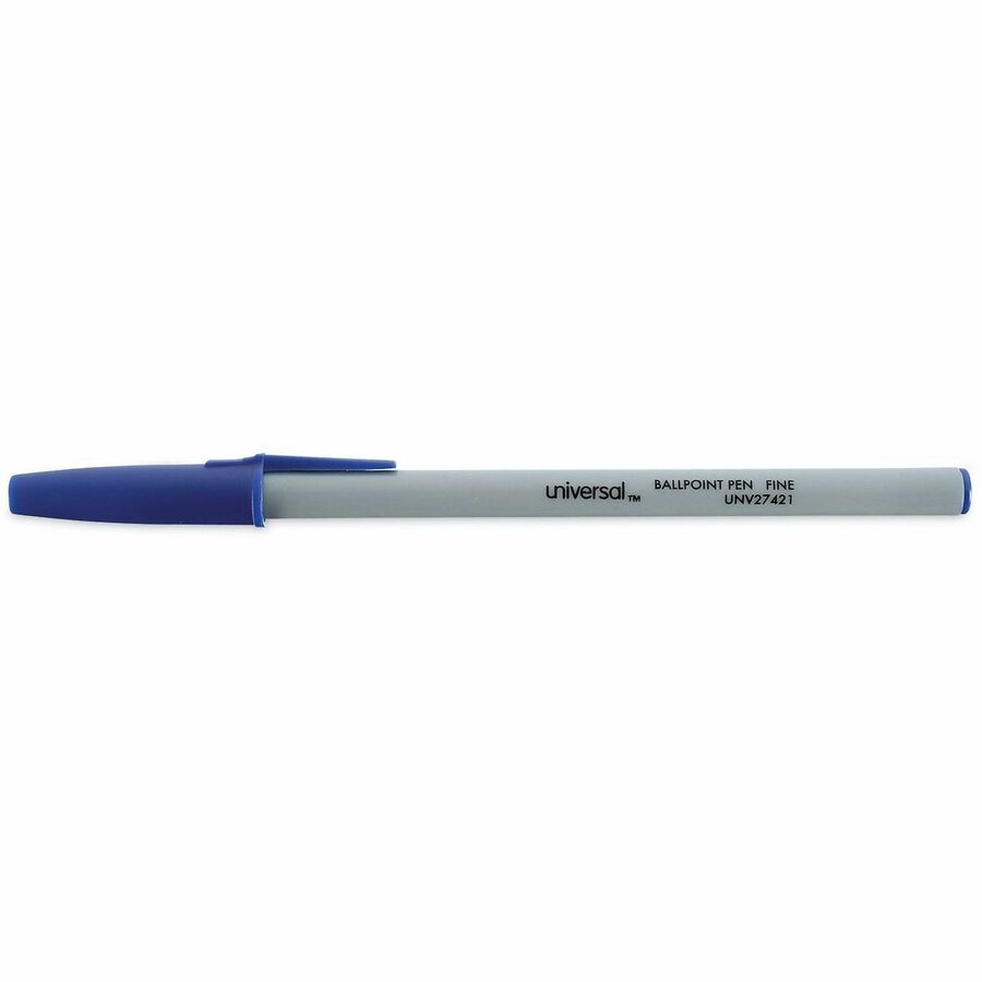 Universal Ballpoint Pen - Conical, 0.7 mm Fine Pen Point - Blue Ink - Oil Based - Gray Stick, Blue Barrel - Office - 1 Dozen