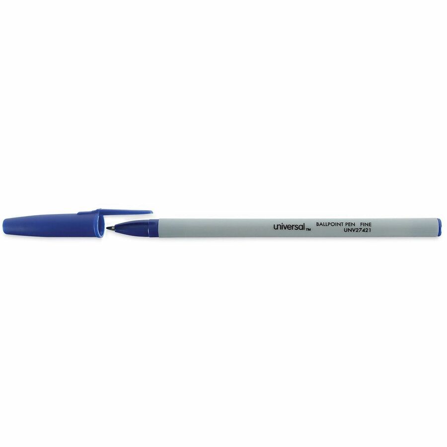 Universal Ballpoint Pen - Conical, 0.7 mm Fine Pen Point - Blue Ink - Oil Based - Gray Stick, Blue Barrel - Office - 1 Dozen