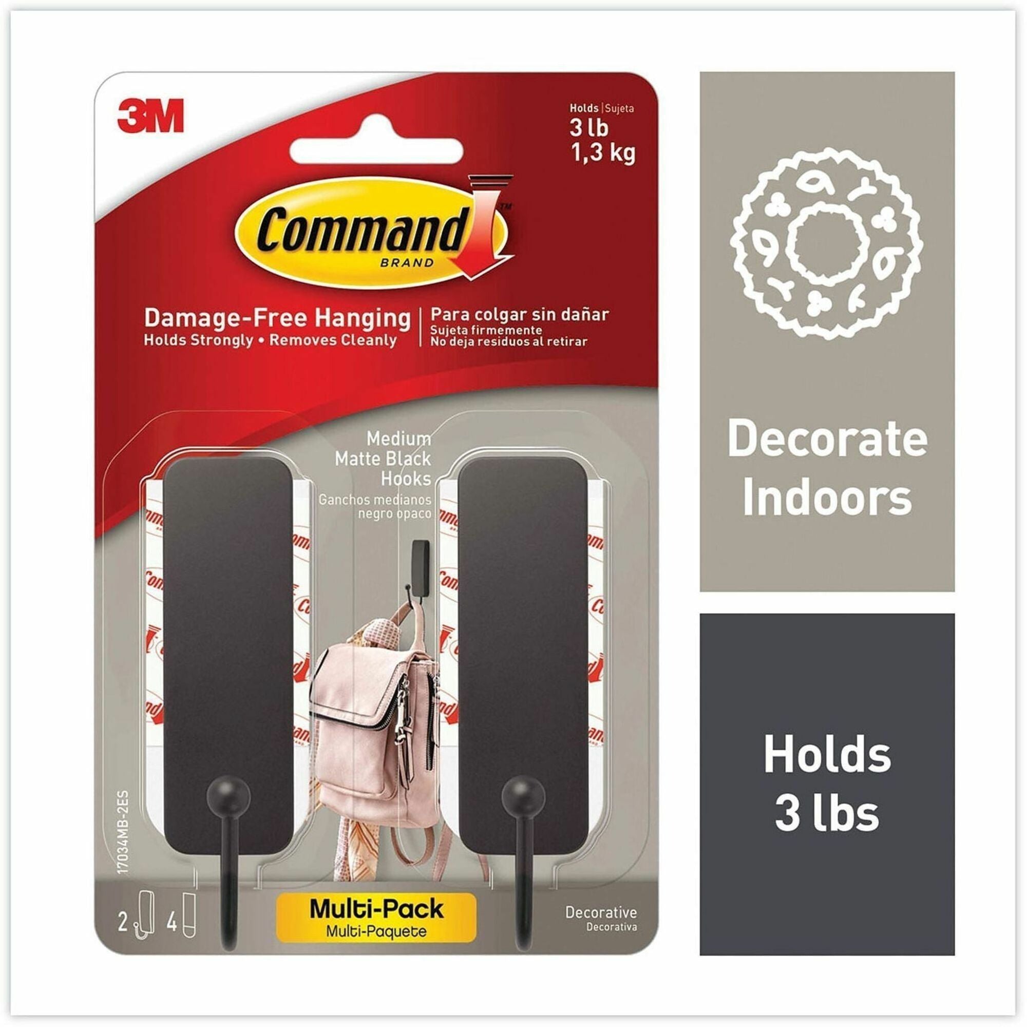 Command Hook - 2 Hooks - 3 lb (1.36 kg) Capacity - Reusable - 1" Width x 3.7" Length - Adhesive - Medium - for Home, Paint, Wood, Tile, Laminate, Concrete, Wall, Decoration - Plastic - Matte Black - 2
