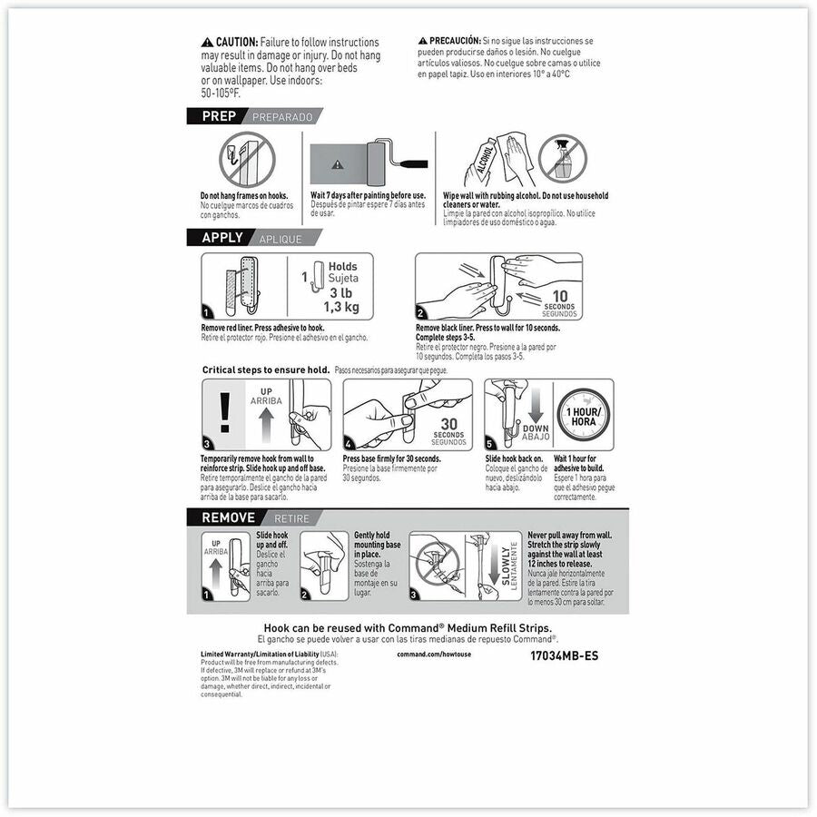 Command Hook - 2 Hooks - 3 lb (1.36 kg) Capacity - Reusable - 1" Width x 3.7" Length - Adhesive - Medium - for Home, Paint, Wood, Tile, Laminate, Concrete, Wall, Decoration - Plastic - Matte Black - 2
