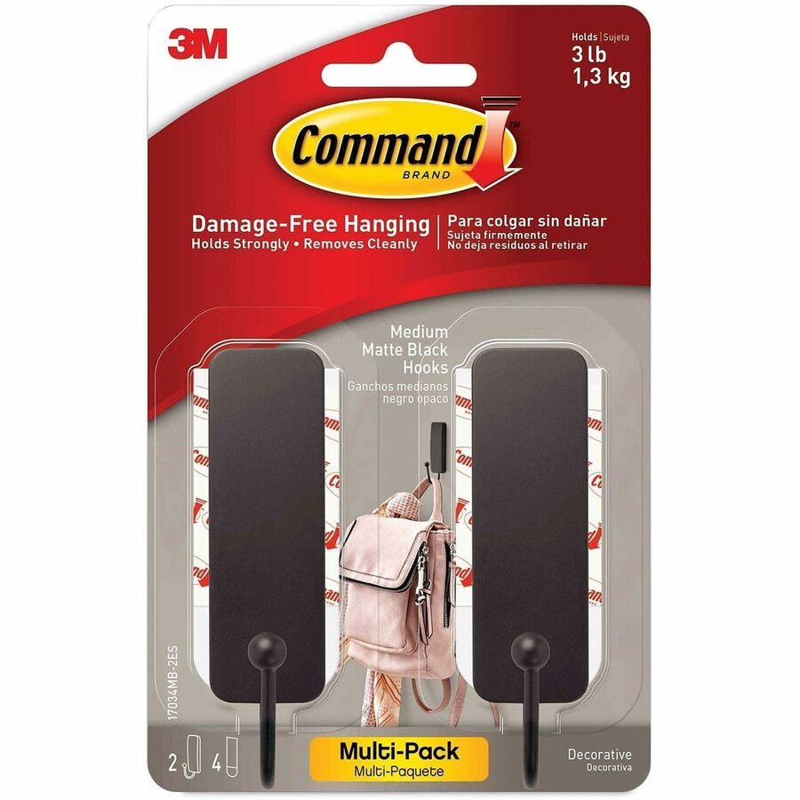 Command Hook - 2 Hooks - 3 lb (1.36 kg) Capacity - Reusable - 1" Width x 3.7" Length - Adhesive - Medium - for Home, Paint, Wood, Tile, Laminate, Concrete, Wall, Decoration - Plastic - Matte Black - 2