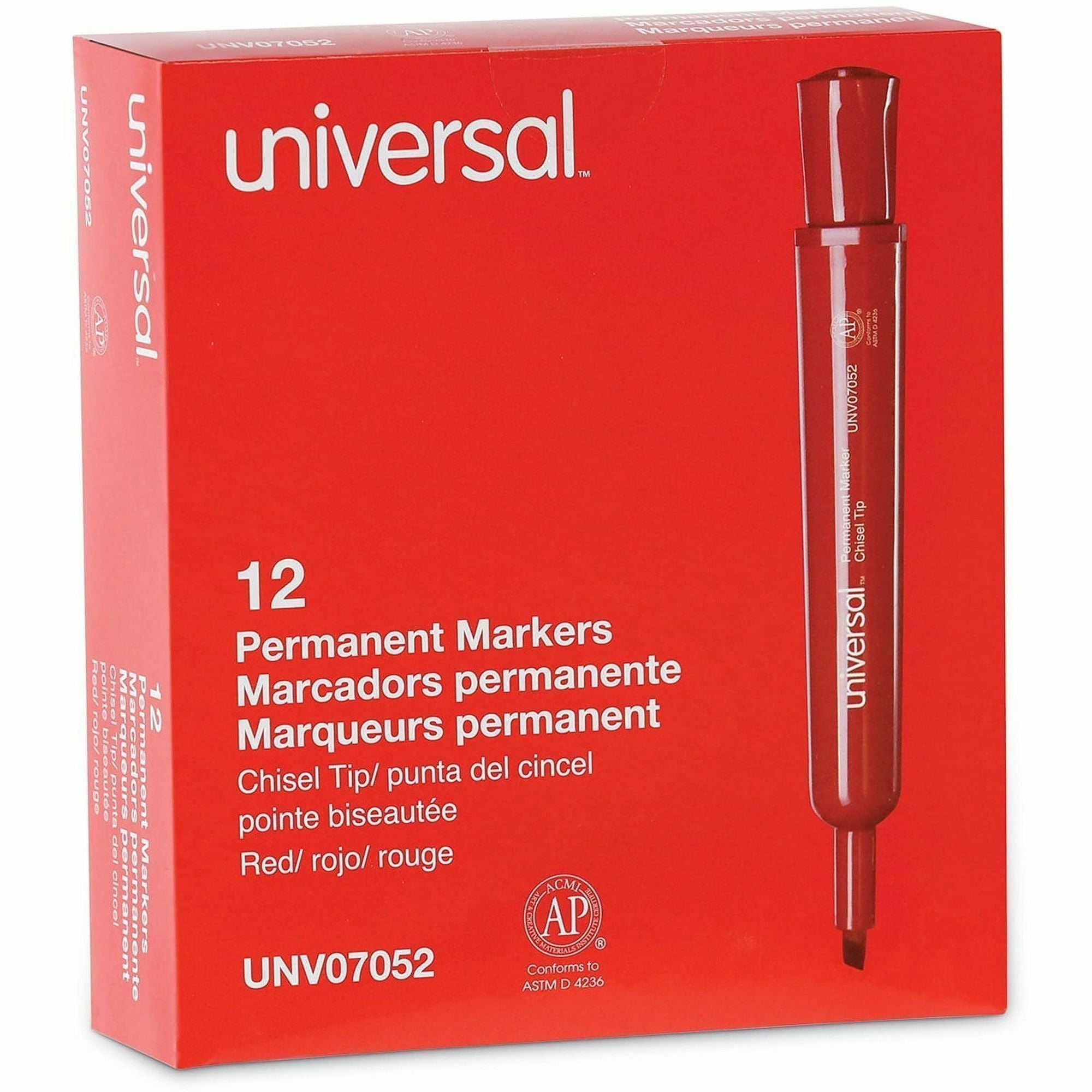Universal Permanent Marker - Chisel, Broad Marker Point - Red Ink - Plastic Barrel - Office, Project, Label - 1 Dozen