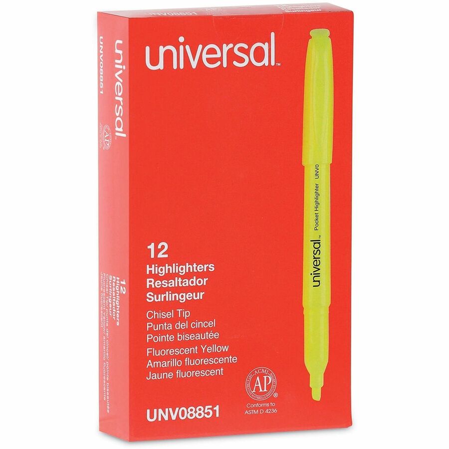 Universal Highlighter - Chisel Pen Point - Fluorescent Yellow Ink - Yellow Barrel - 1 Dozen