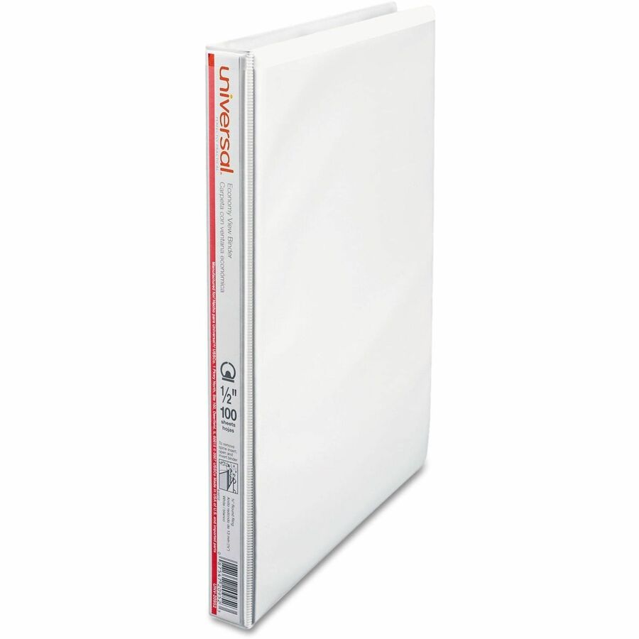 Universal Economy Round Ring View Binder, 3 Rings, 0.5" Capacity, 11 x 8.5, White - 1/2" Binder Capacity - 100 Sheet Capacity - 3 Ring(s) - Fastener(s): Ring - Pocket(s): 2, Inside Front & Back - Polypropylene - White - Non-stick - 1 Each