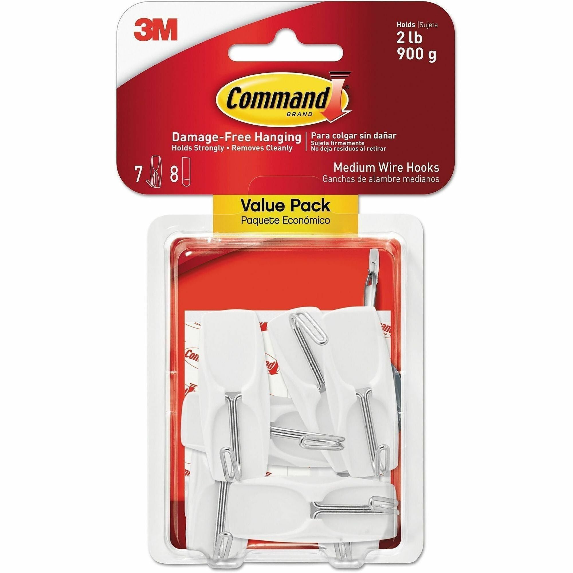 Command Hook - 7 Hooks - 7 Medium Hook - 2 lb (907.2 g) Capacity - Reusable - 2.2" Height x 0.9" Width - Adhesive - Medium - Wire Hook - for General Purpose, Painted Surface, Wood, Tile - Metal, Plastic - White - 7 / Pack