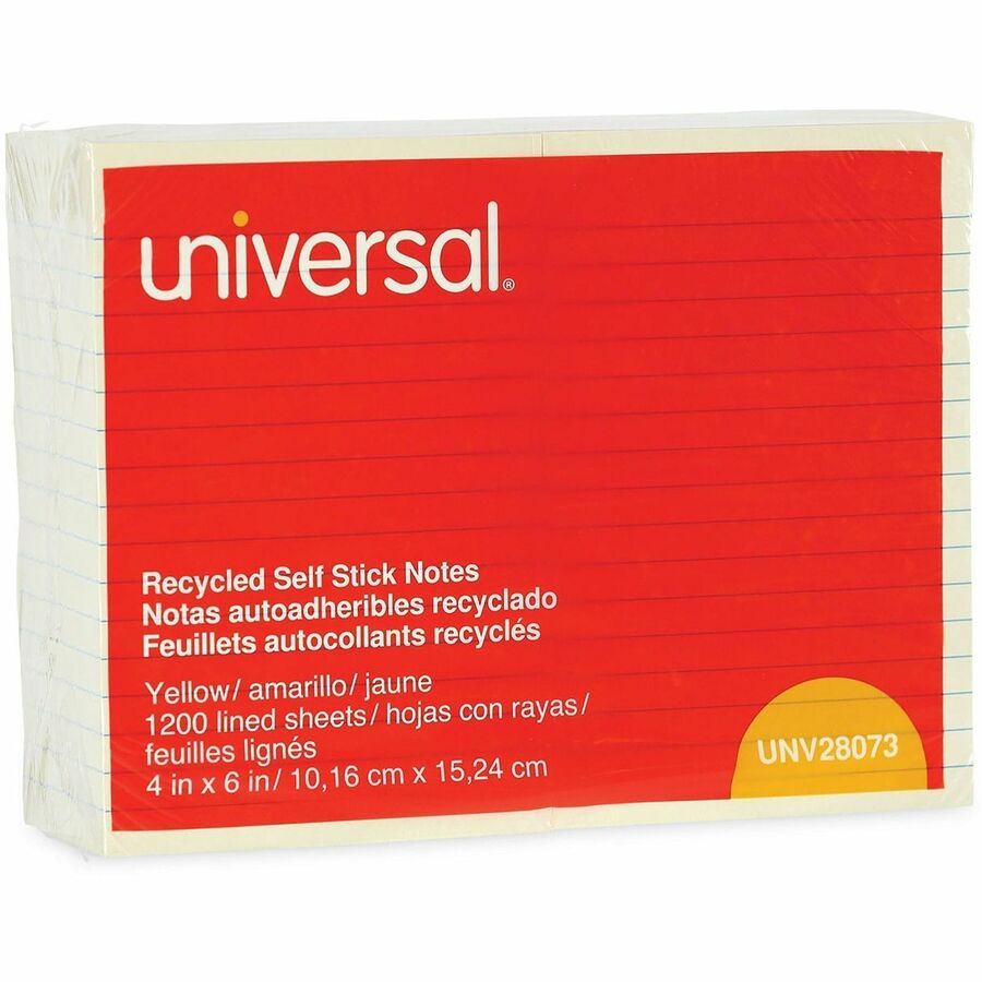 Universal Note Pad - 4" Flag/Note Width x 6" Flag/Note Length - Rectangle - 100 Sheets per Pad - Unruled - Yellow - Paper - Self-stick, Repositionable, Adhesive Backing - Recycled - 12 / Pack
