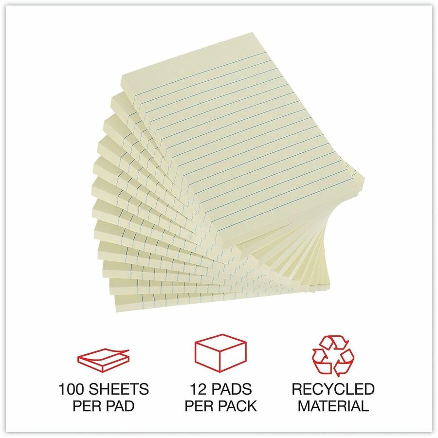Universal Note Pad - 4" Flag/Note Width x 6" Flag/Note Length - Rectangle - 100 Sheets per Pad - Unruled - Yellow - Paper - Self-stick, Repositionable, Adhesive Backing - Recycled - 12 / Pack