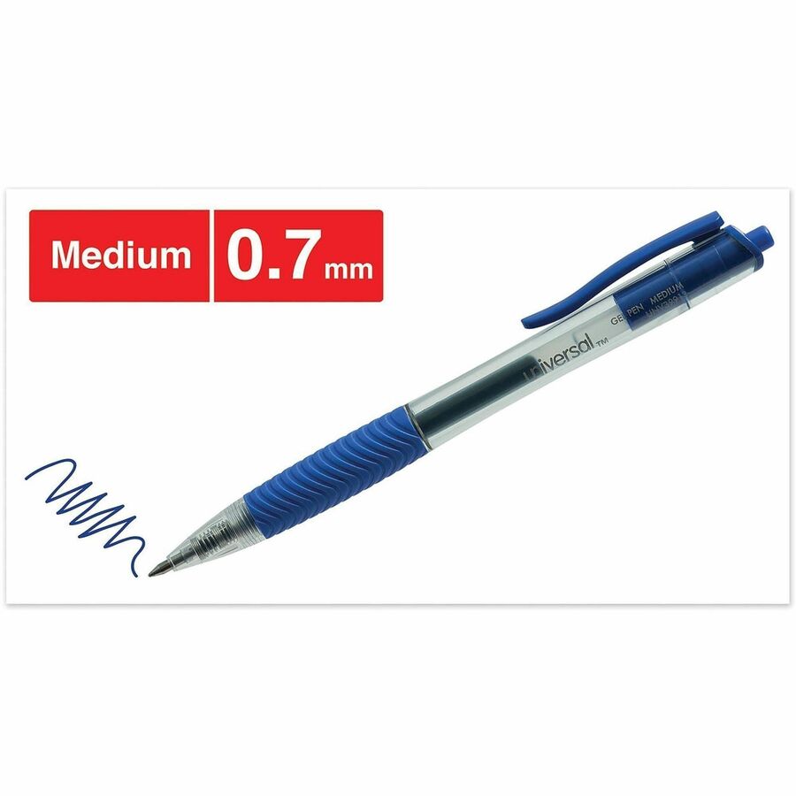 Universal Comfort Grip Gel Pen - 0.7 mm Medium, Conical Pen Point - Retractable - Blue Ink - Gel-based, Water Based - Clear, Blue Barrel - 1 Dozen