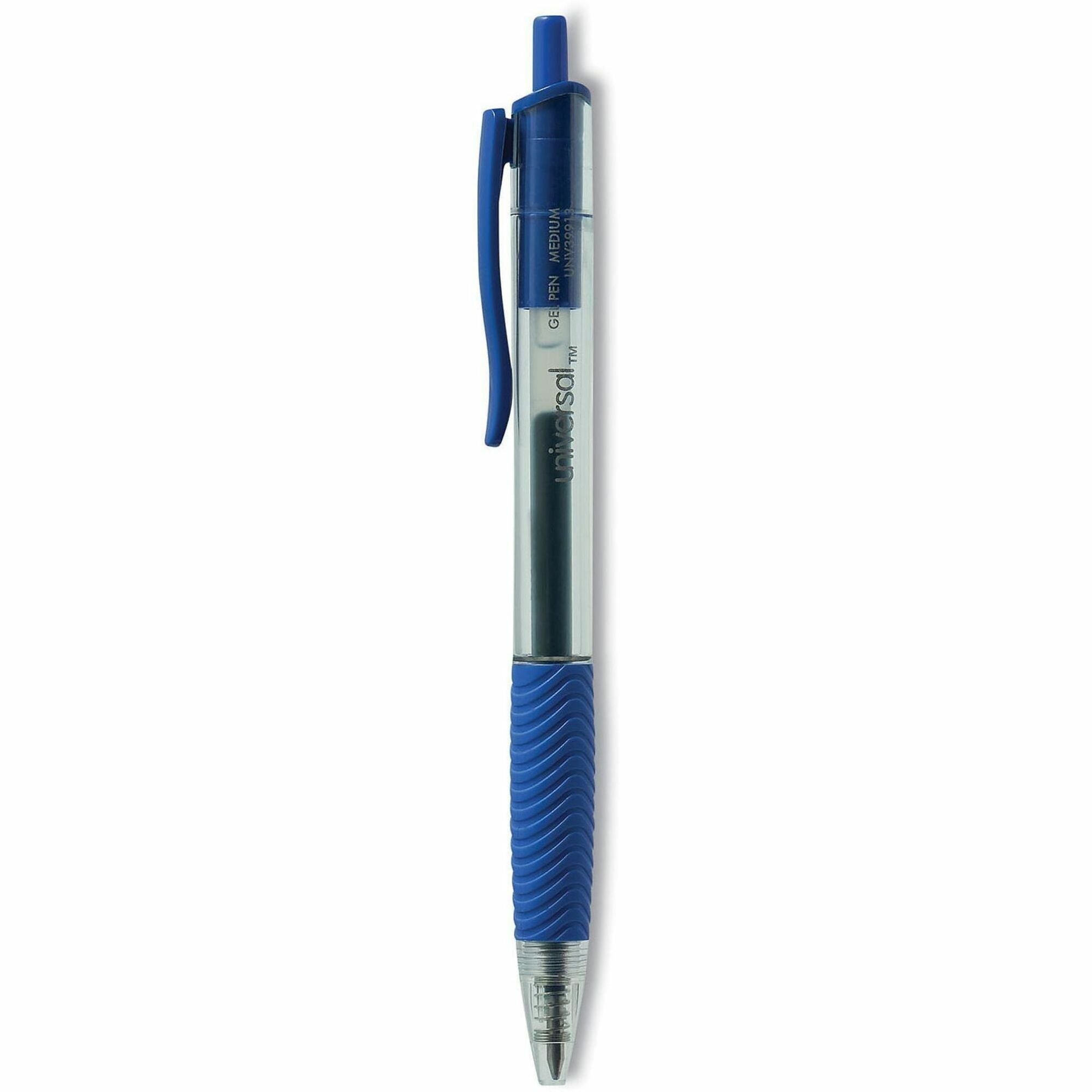 Universal Comfort Grip Gel Pen - 0.7 mm Medium, Conical Pen Point - Retractable - Blue Ink - Gel-based, Water Based - Clear, Blue Barrel - 1 Dozen
