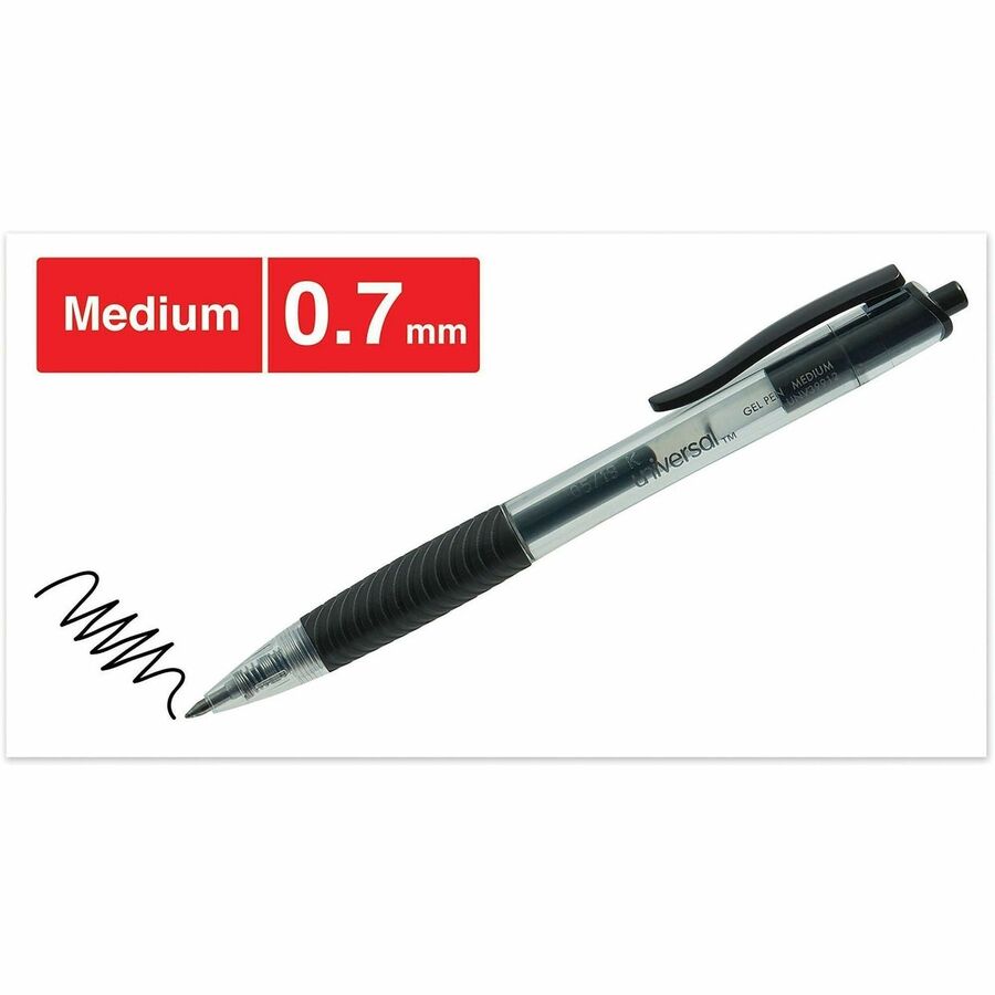 Universal Comfort Grip Gel Pen - 0.7 mm Medium, Conical Pen Point - Retractable - Black Ink - Gel-based, Water Based - Clear, Black Barrel - 1 Dozen