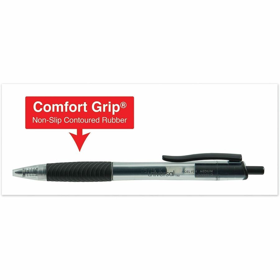 Universal Comfort Grip Gel Pen - 0.7 mm Medium, Conical Pen Point - Retractable - Black Ink - Gel-based, Water Based - Clear, Black Barrel - 1 Dozen