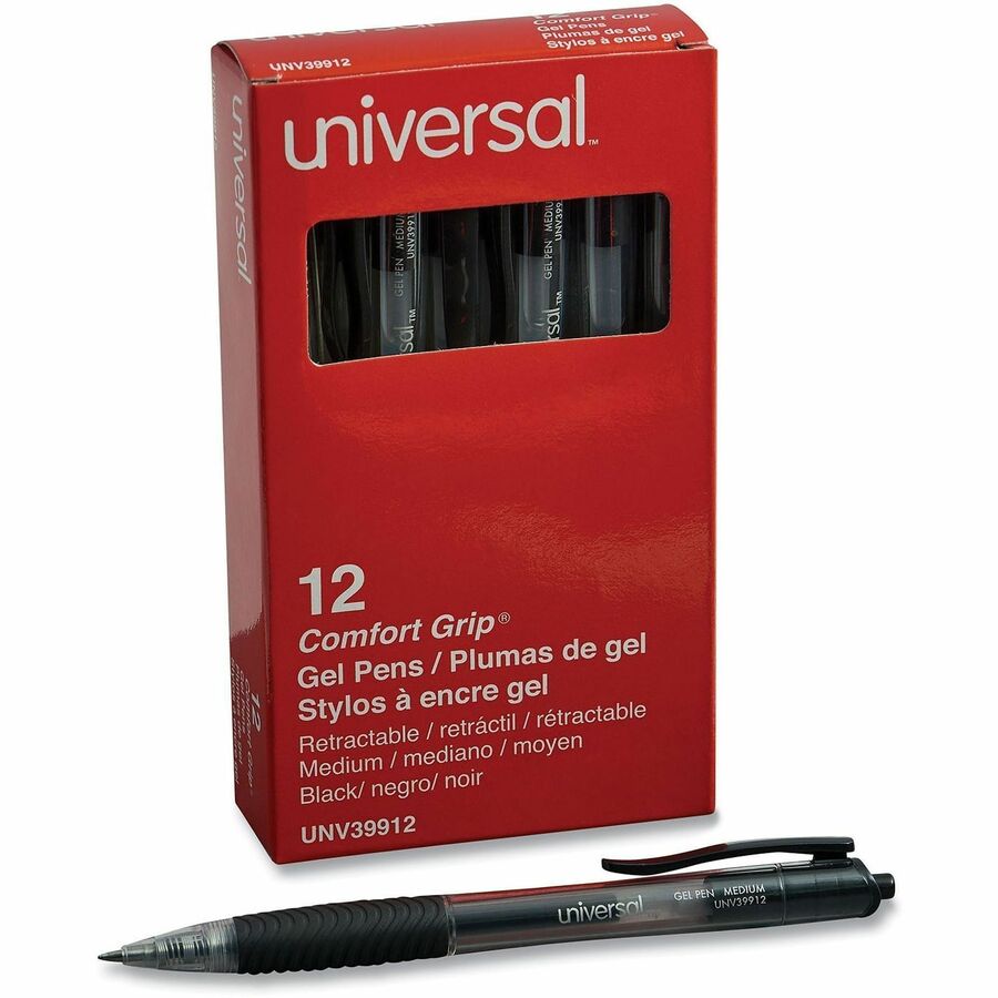 Universal Comfort Grip Gel Pen - 0.7 mm Medium, Conical Pen Point - Retractable - Black Ink - Gel-based, Water Based - Clear, Black Barrel - 1 Dozen