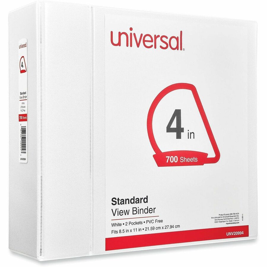 Universal Slant D-Ring View Binder, 3 Rings, 4" Capacity, 11 x 8.5, White - 4" Binder Capacity - 775 Sheet Capacity - 3 Ring(s) - Fastener(s): Ring - Pocket(s): 2, Inside Front & Back - Polypropylene - White - Non-stick - 1 Each