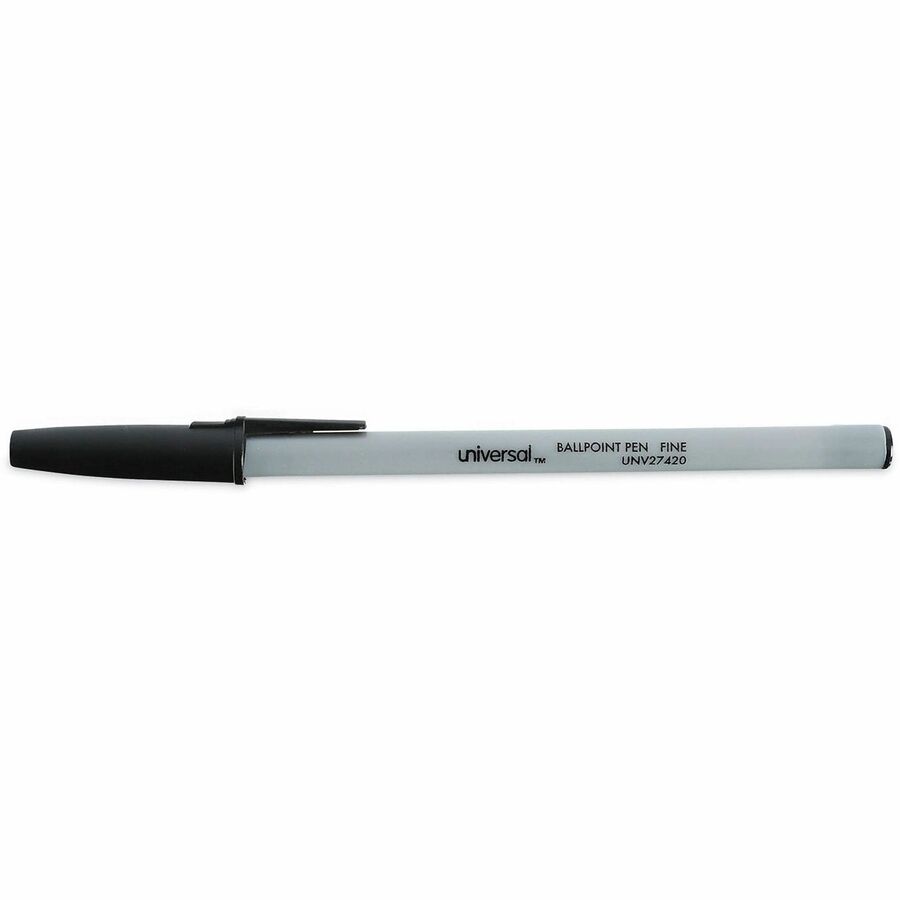 Universal Ballpoint Pen - Conical, 0.7 mm Fine Pen Point - Black Ink - Oil Based - Gray Stick, Black Barrel - Office - 1 Dozen