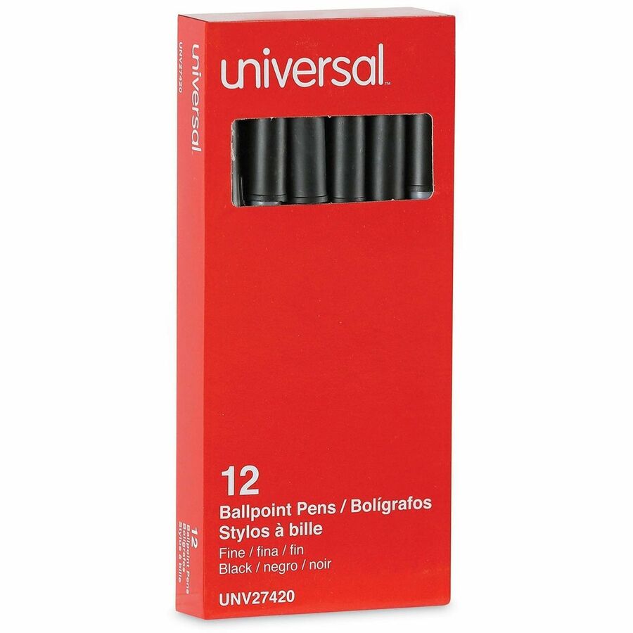 Universal Ballpoint Pen - Conical, 0.7 mm Fine Pen Point - Black Ink - Oil Based - Gray Stick, Black Barrel - Office - 1 Dozen