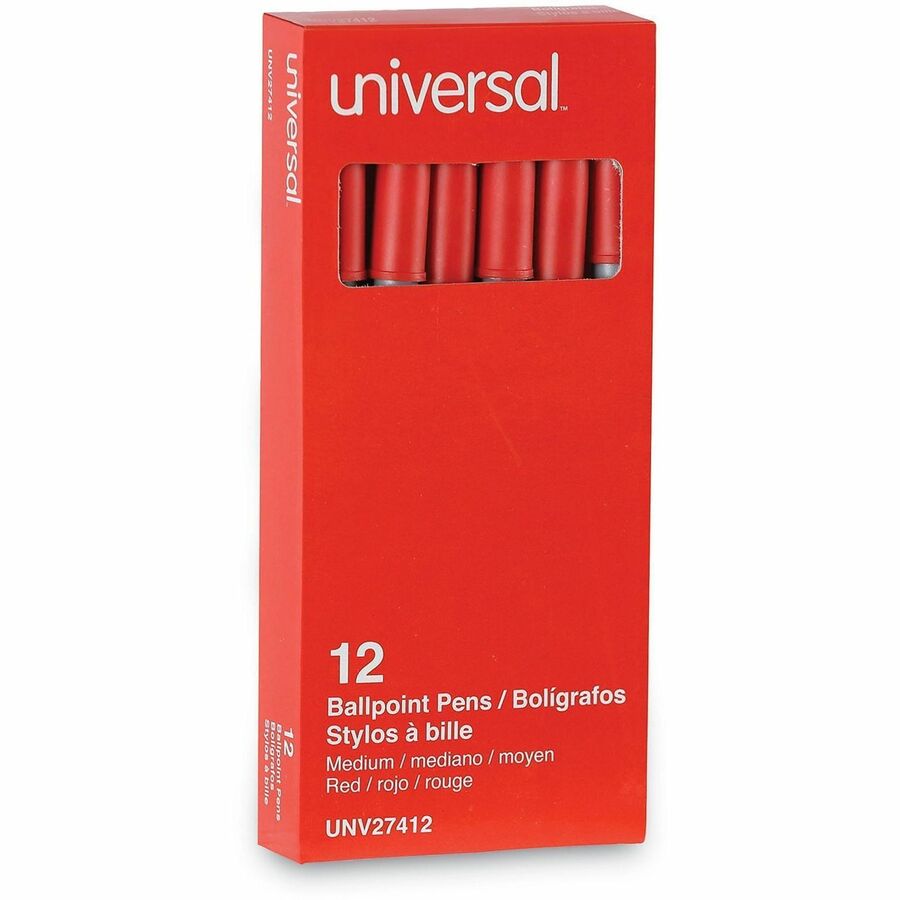 Universal Ballpoint Pen - 1 mm Medium, Conical Pen Point - Red Ink - Oil Based - Gray Stick, Red Barrel - Office - 1 Dozen