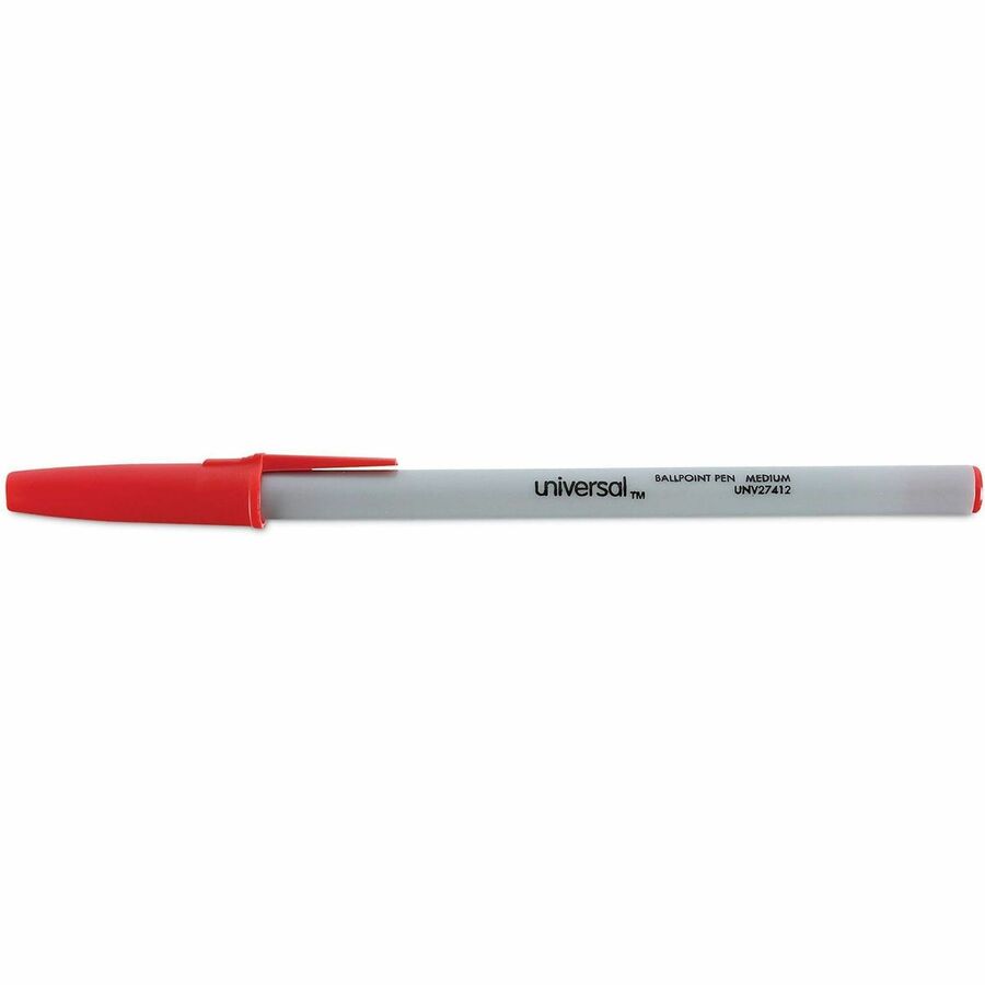 Universal Ballpoint Pen - 1 mm Medium, Conical Pen Point - Red Ink - Oil Based - Gray Stick, Red Barrel - Office - 1 Dozen