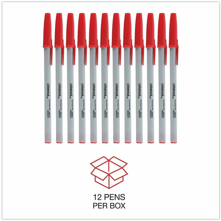 Universal Ballpoint Pen - 1 mm Medium, Conical Pen Point - Red Ink - Oil Based - Gray Stick, Red Barrel - Office - 1 Dozen