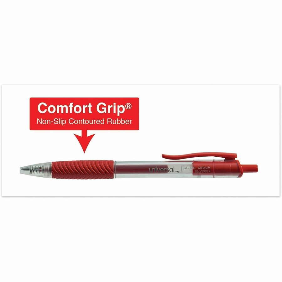 Universal - 0.7 mm Medium, Conical Pen Point - Retractable - Red Ink - Gel-based, Water Based - Clear, Red Barrel - 1 Dozen
