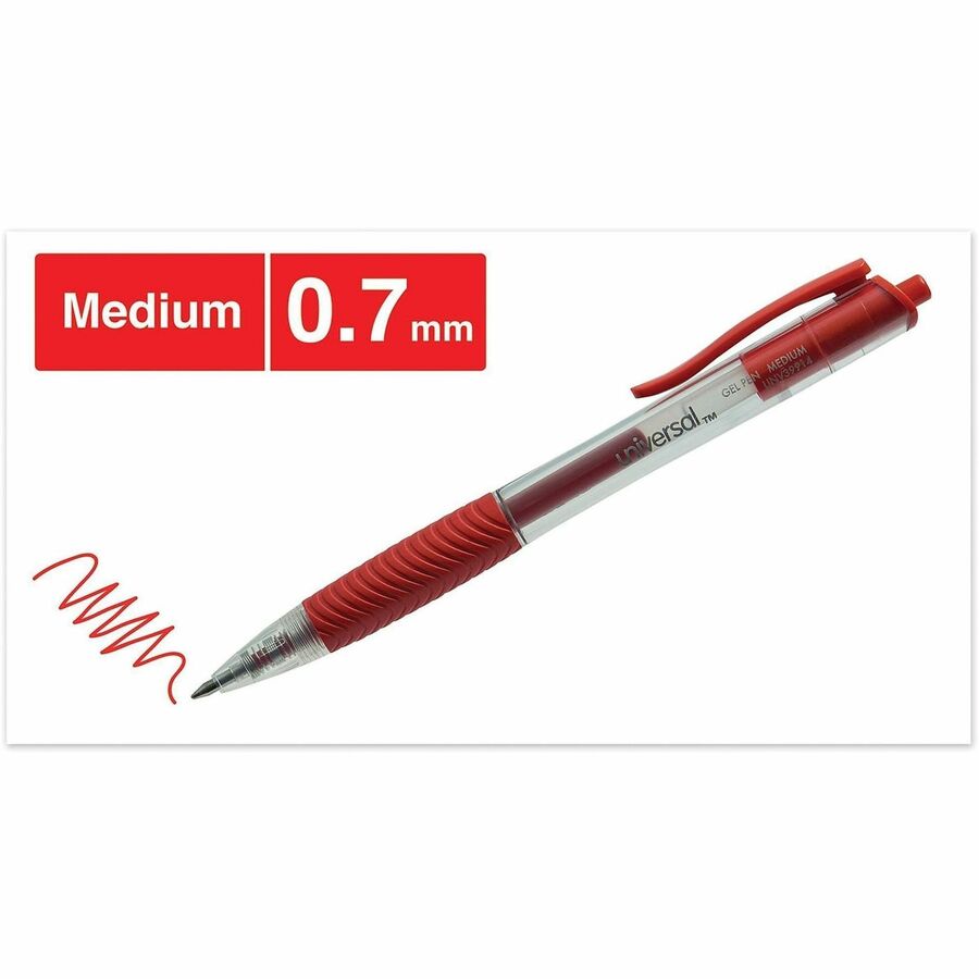 Universal - 0.7 mm Medium, Conical Pen Point - Retractable - Red Ink - Gel-based, Water Based - Clear, Red Barrel - 1 Dozen