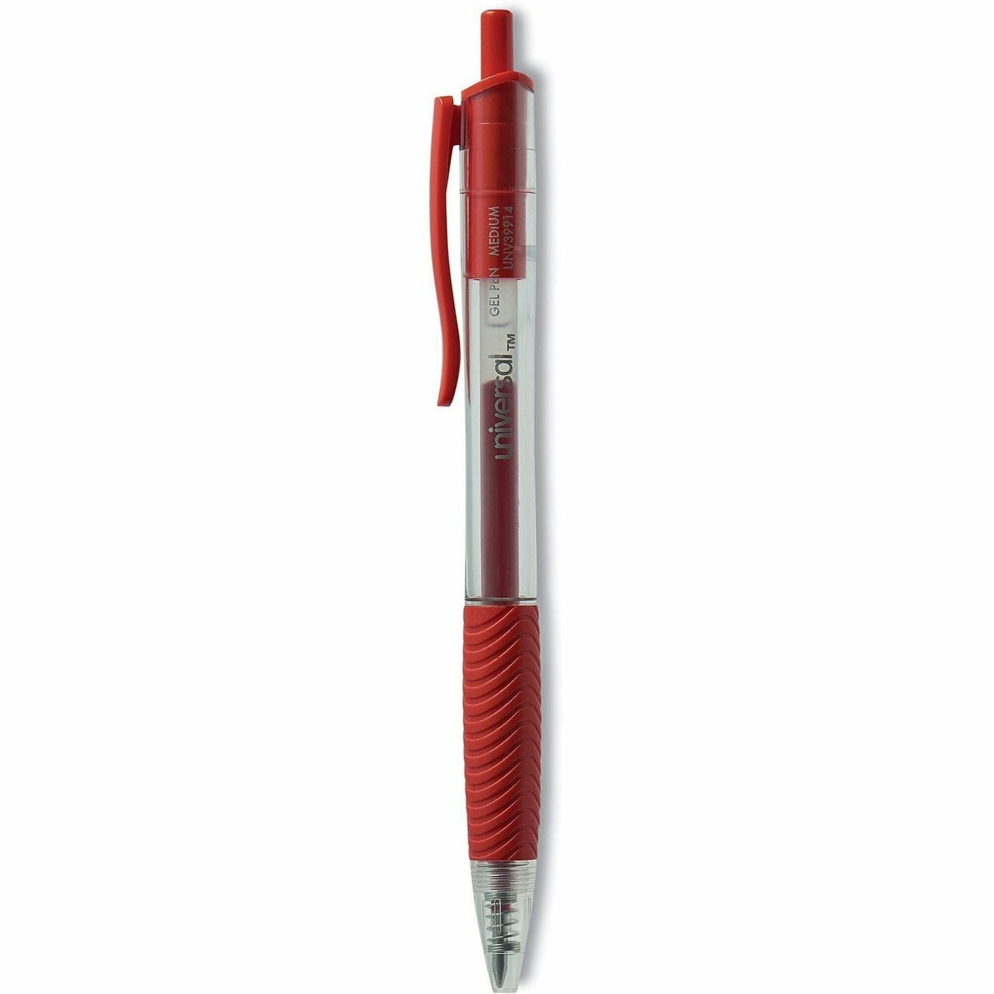 Universal - 0.7 mm Medium, Conical Pen Point - Retractable - Red Ink - Gel-based, Water Based - Clear, Red Barrel - 1 Dozen